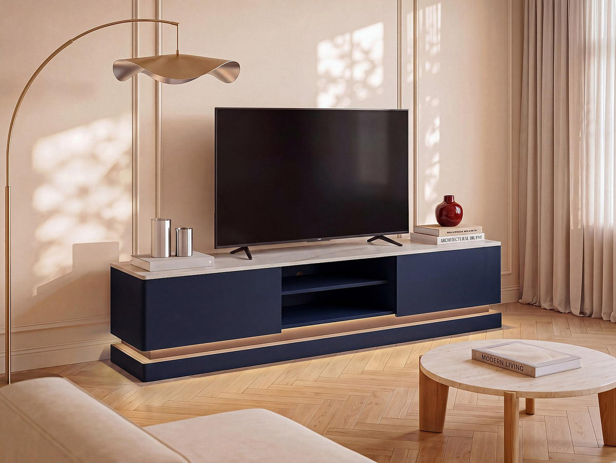 TV-BOARD - 190 cm x 40 cm - holz - marineblau, weiß Devika - Dunkelblau/Weiß, Holz (190/44/40cm) - Vente-Unique