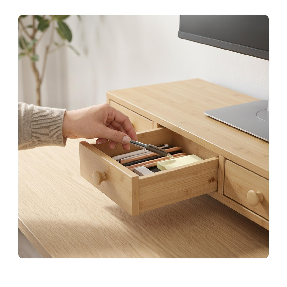 MONITORSTÄNDER Holzoptik MDF 3 Schubladen - Hellbraun, Holzwerkstoff (24/51/12.5cm) - Relaxdays