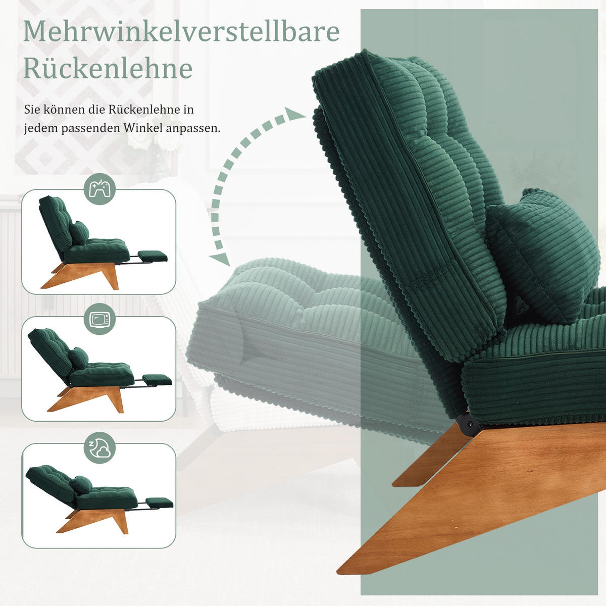 SCHAUKELSTUHL Smaragd Cord mit Fußstütze, Lendenkissen und Holzbeinen - Smaragdgrün, Textil (73/90/127cm) - Oxeza