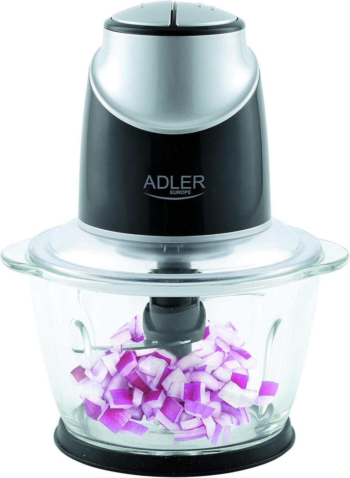 GLAS Zerkleinerer AD4082 1,2L – Elektrischer Küchenzerkleinerer mit 4 Edelstahlklingen, Einhandbedienung, Für Gemüse, Fleisch, Nüsse & Zwiebeln - Transparent/Schwarz, Kunststoff (18/24/18cm) - Adler