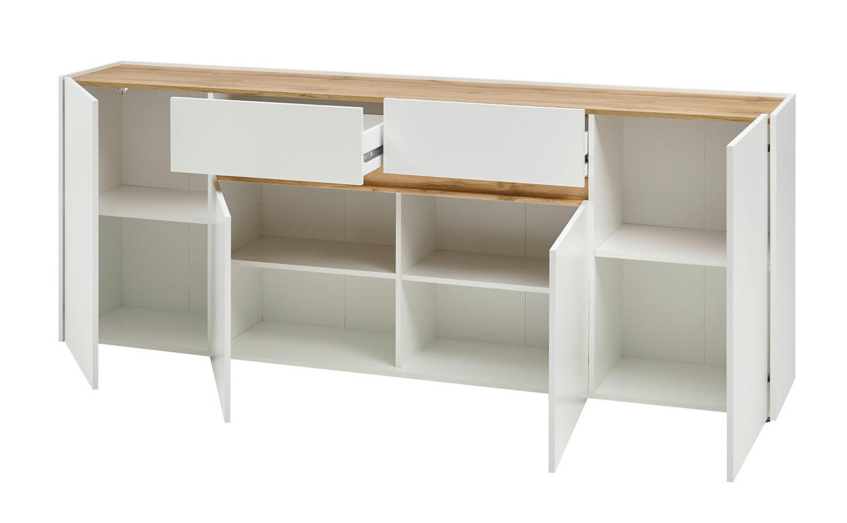 SIDEBOARD weiß, Eiche Wotan 220 cm, Kommode mit 8 Fächern - Eiche Wotan/Schwarz, Holz/Holzwerkstoff (220/87/40cm) - Furn.Design
