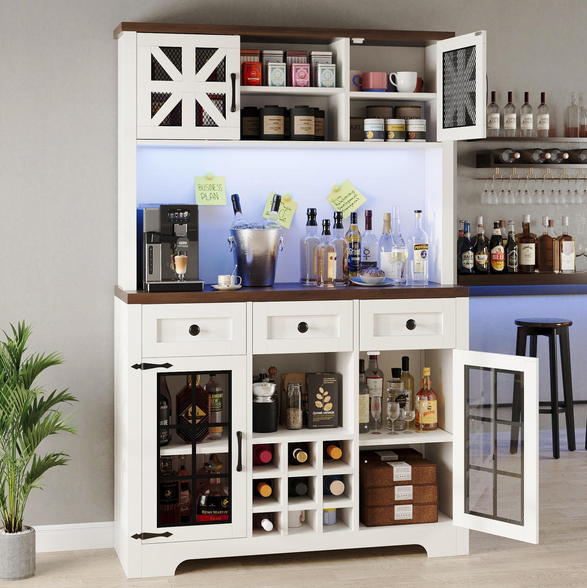 BUFFET 120/40/180 cm in Weiß mit LED-Beleuchtung und Weinregal - Weiß, Holzwerkstoff (120/180/40cm) - Flora Grace