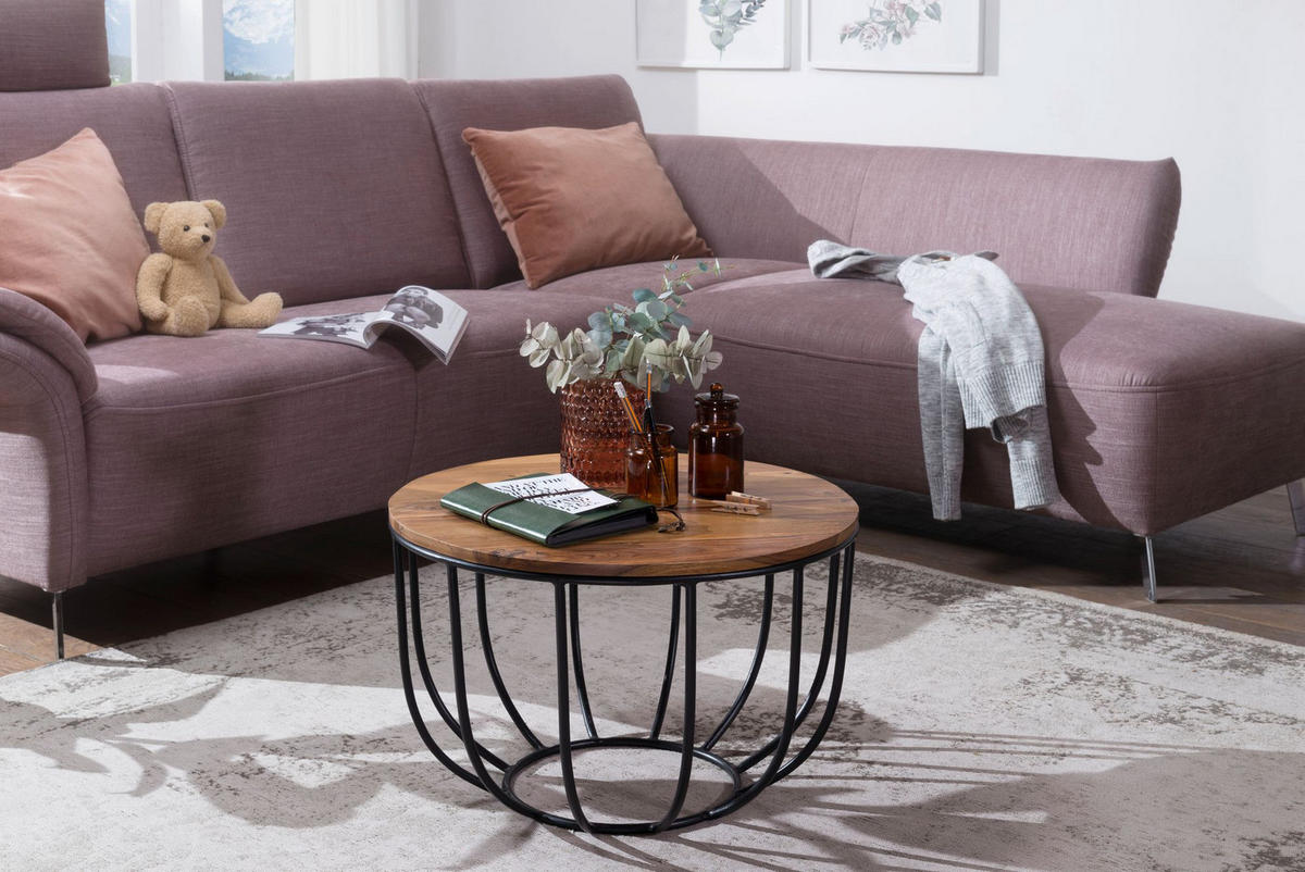 COUCHTISCH in Industrial-Stil, Sheesham Massivholz, Metallgestell, Korbdesign, Rustikal - Schwarz/Braun, Holz/Metall (60/60/39cm) - KADIMA DESIGN