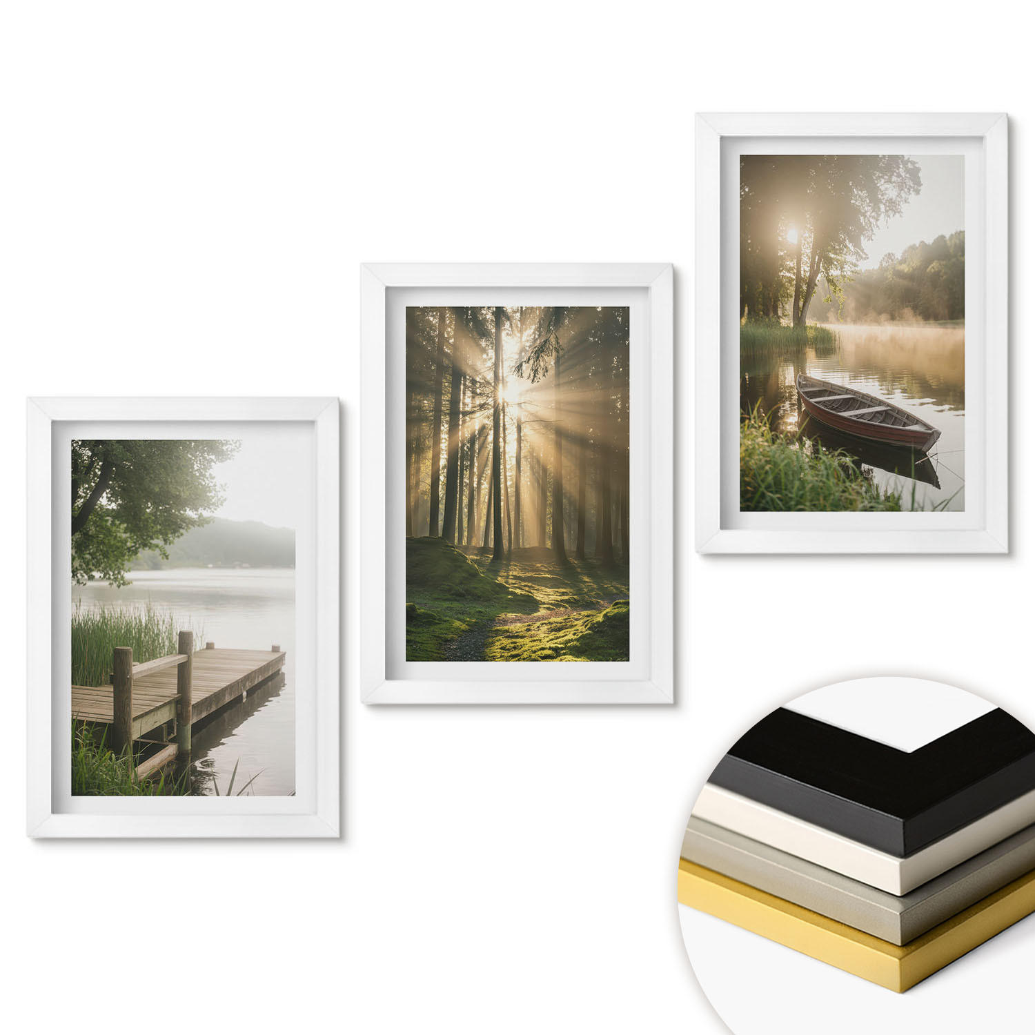 WANDBILDER 3er-Set - 20x30 cm Weißer Rahmen - See, Wald, Boot, Morgennebel - Weiß, Kunststoff (20/30cm) - ArtPrintCave