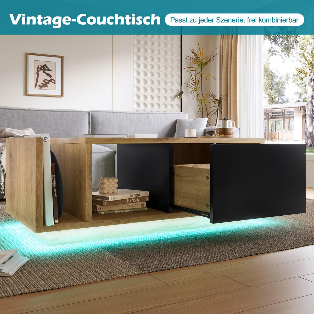 COUCHTISCH Naturfarben mit LED und Stauraum 99.5/53/38 cm - Naturfarben, Holzwerkstoff (53/99.5/38cm) - PANGIVO
