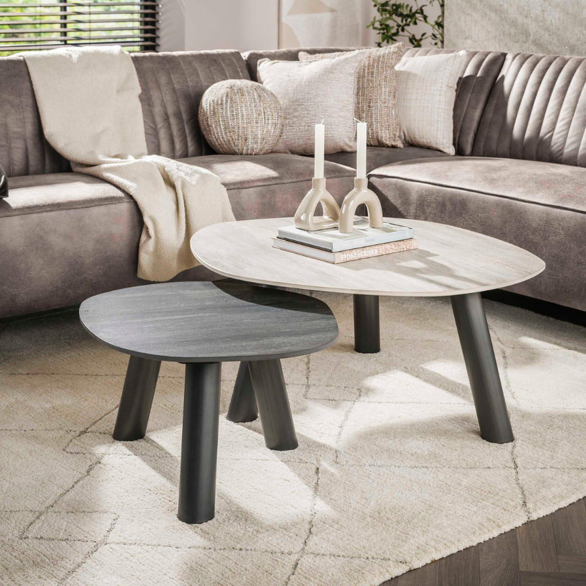 COUCHTISCH-SET TWIN BICOLORE GRANDE Organische Log-Satztische - Anthrazit/Beige, Keramik (87/100/41cm) - alesvelt