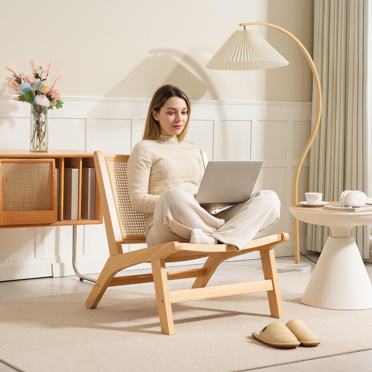 SESSEL mit Rattan-Rückenlehne, Naturfarben - Naturfarben, Kunststoff (64/74/70cm) - HOMCOM