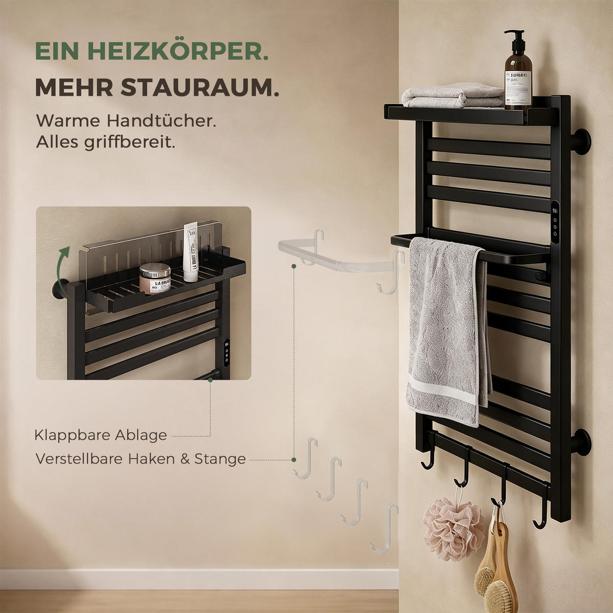 HANDTUCHHEIZKÖRPER 45/60 cm Schwarz elektrisch 155 W mit WLAN, Ablage und 6 Haken - Schwarz, Metall (60/45/20cm) - S'AFIELINA