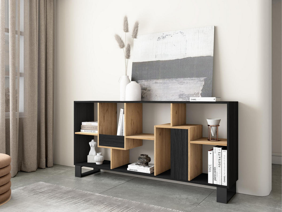 REGAL Bibliothek, Schwarz und Eiche, 67/31/174cm - Eichefarben/Schwarz, Holzwerkstoff (67/174/31cm) - Skraut Home