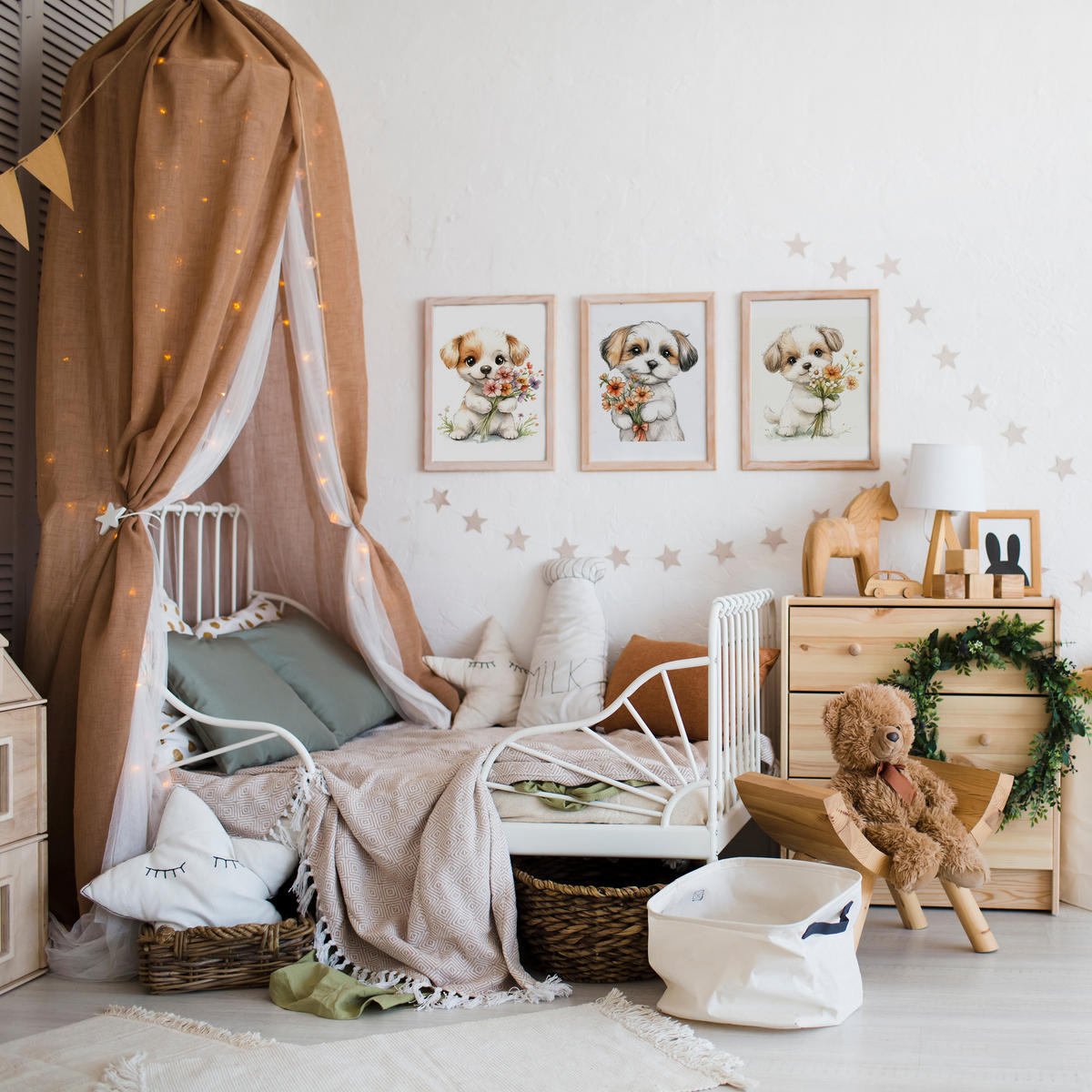 POSTER SET für Kinderzimmer HUNDE Welpen Blumen Tiere 3x Poster A4 21x30cm - Beige/Rot, Papier (21/30/1cm) - Muralo