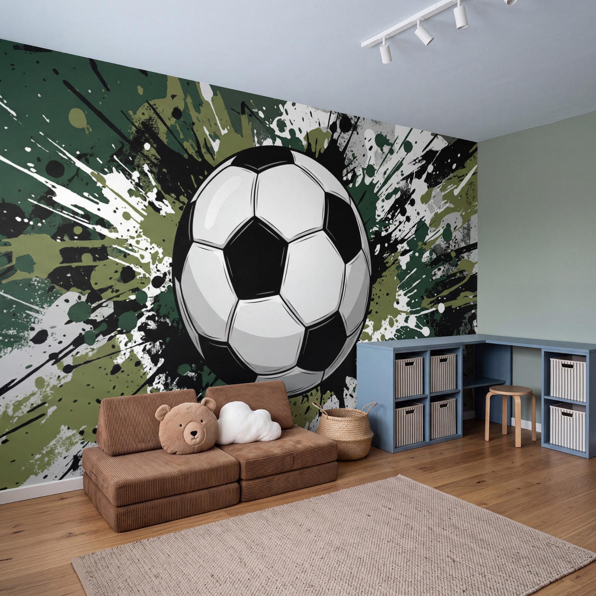KINDERTAPETE - Fußball - Farbe - Spritzer - Grün - 350x200 cm - Dunkelgrün, Papier (350/200cm) - OnlyWow