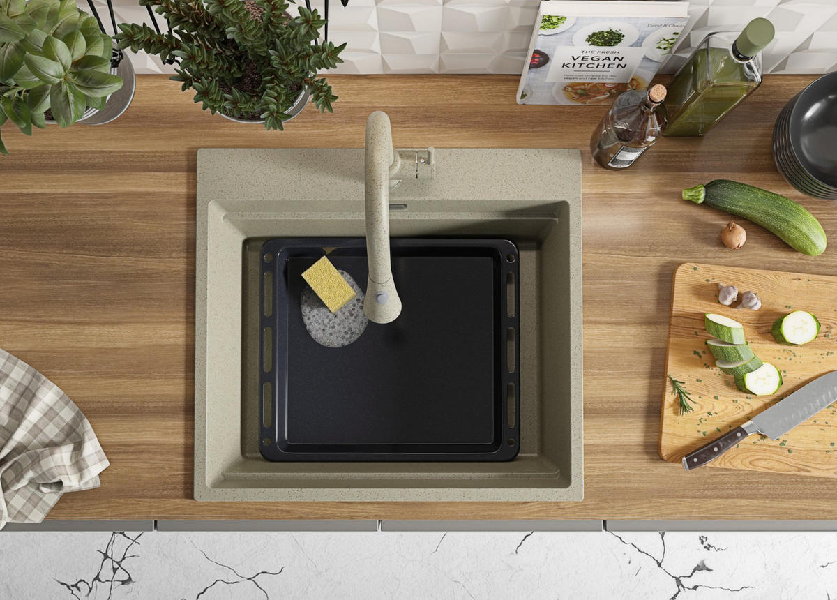 GRANITSPÜLE Oslo Max, 2-er set Beige 58/53 cm 1 Becken + Küchenarmatur 38/14 cm + Ablauf-Set + Aufrollbare Abtropffläche ab 60er Unterschrank - Chromfarben/Beige, Kunststoff (58/20/53cm) - Primagran