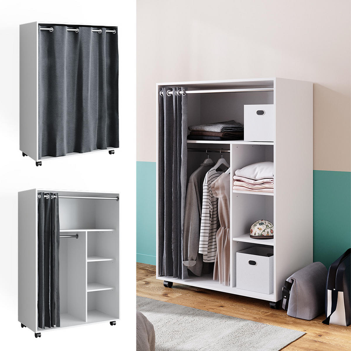 KLEIDERSCHRANK Doros Weiß 100 x 146.6 cm mit Rollen - Weiß, Holzwerkstoff (100/146.6/50cm) - Vicco