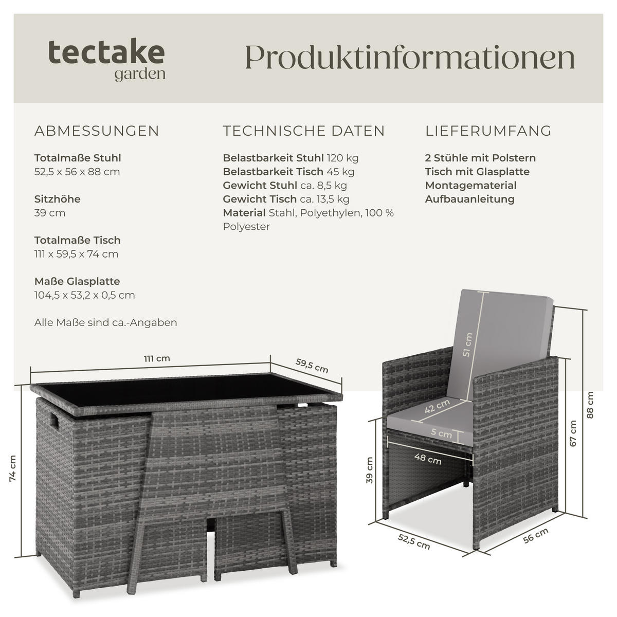 RATTAN SITZGRUPPE Lausanne,zusammenschiebbar,grau - Grau, Kunststoff - tectake