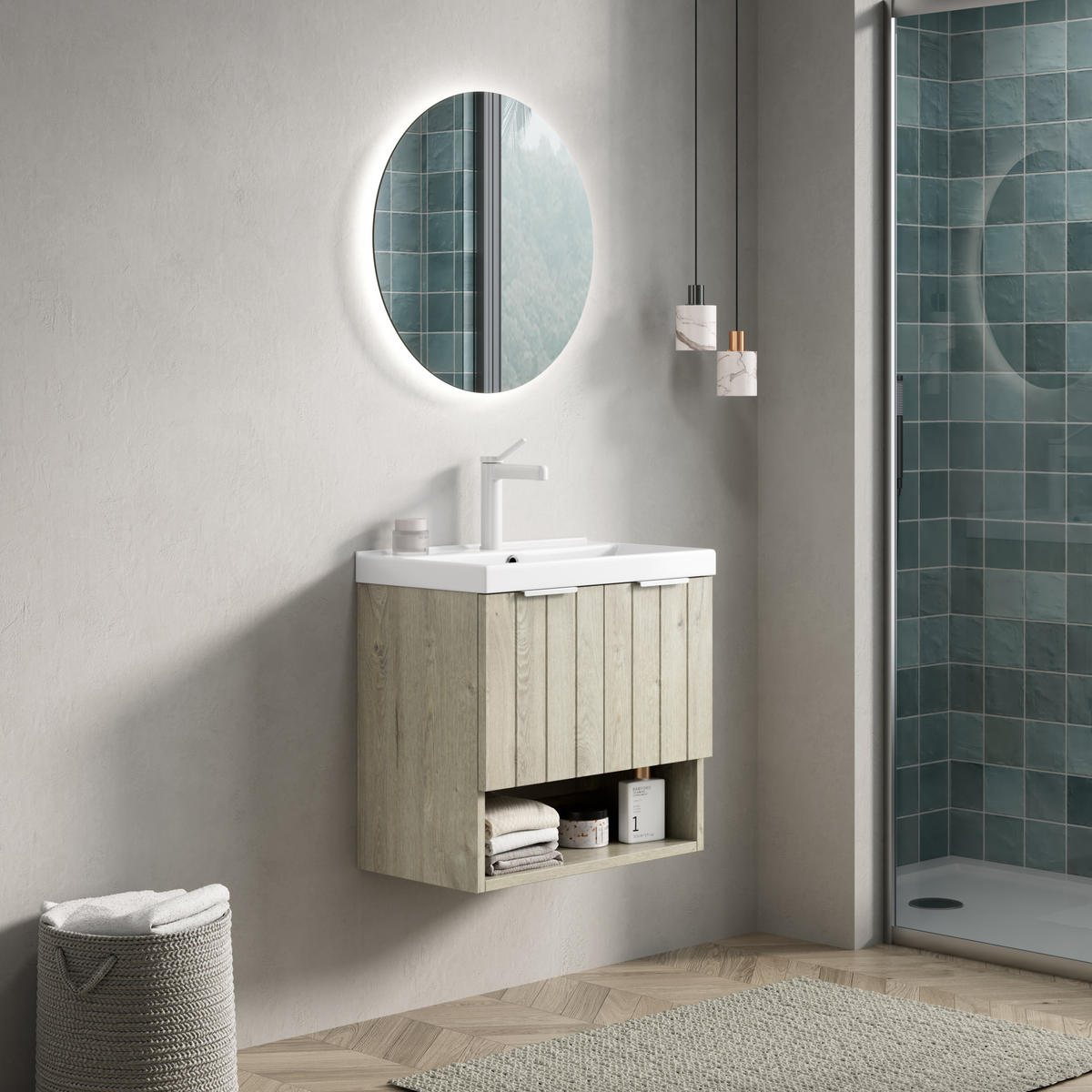 WASCHTISCHKOMBI 55/32/53 cm Off-White/Weiß aus Keramik und Sperrholz mit offenem Regal - Creme, Holzwerkstoff (55/53/32cm) - OKWISH