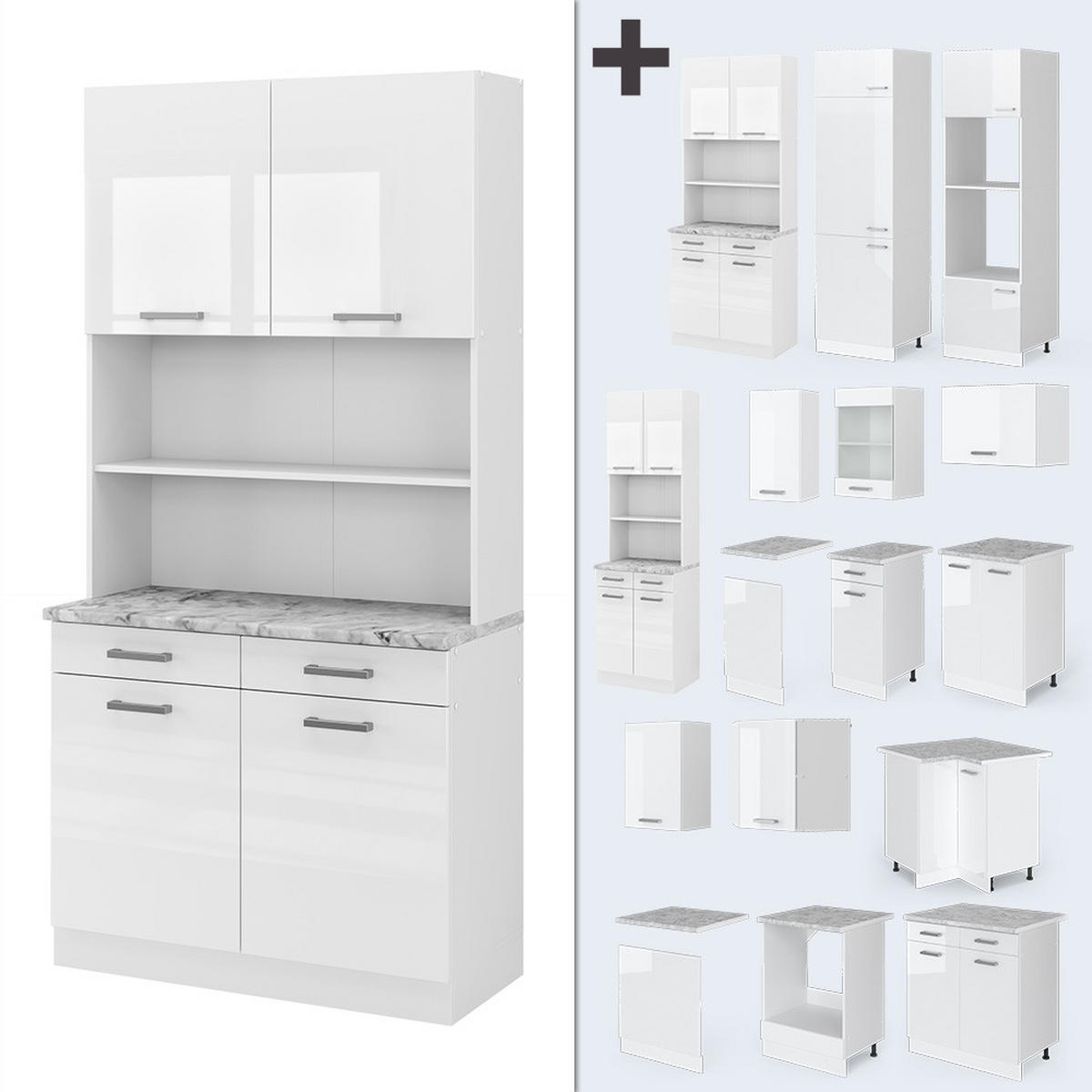 BUFFET R-Line Weiß Hochglanz 100 cm, AP Marmor - Weiß Hochglanz/Weiß, Holzwerkstoff (100/81.6/60cm) - Vicco
