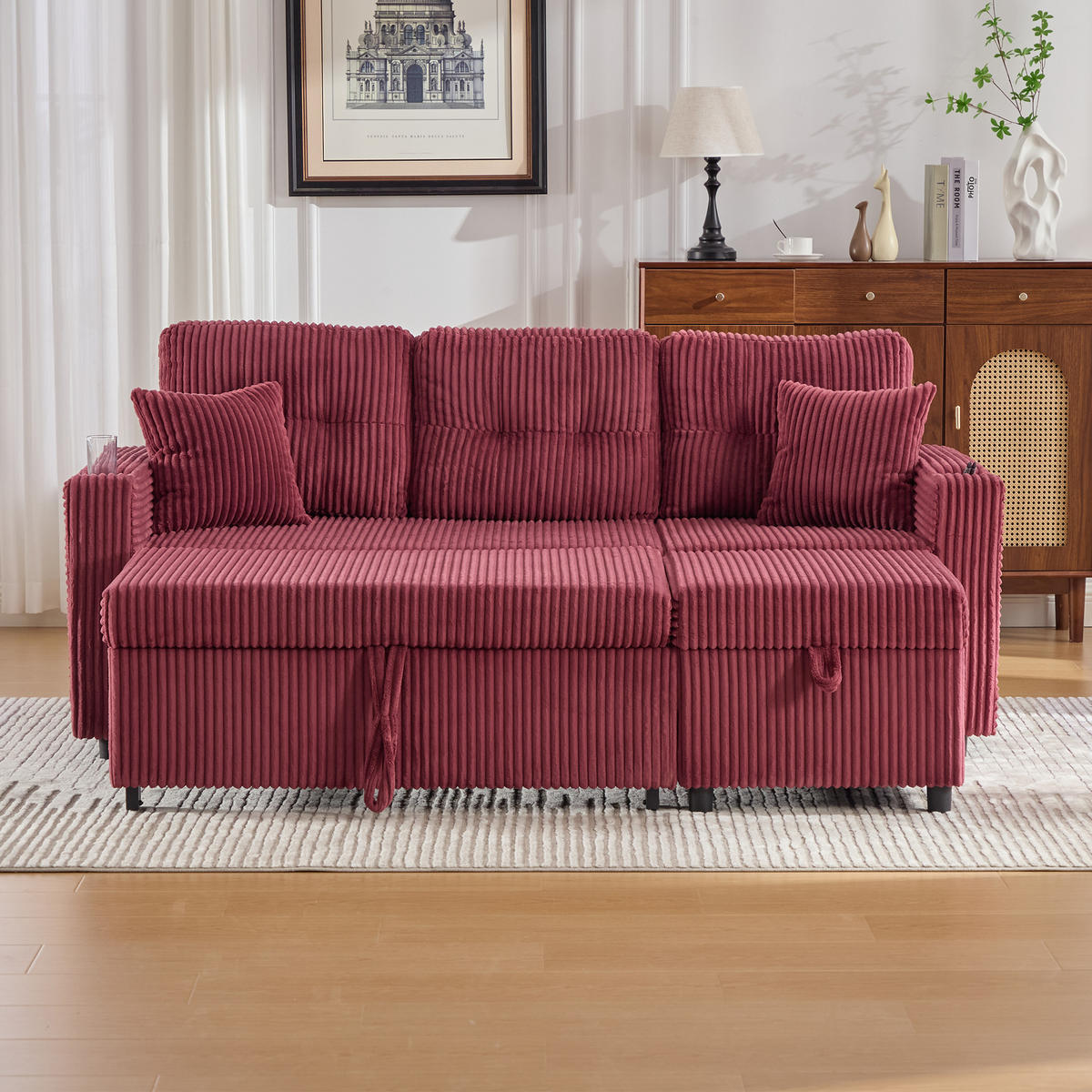ECKSCHLAFSOFA 196/144/85 cm Weinrot mit Stauraum, USB-C, Ambientebeleuchtung und Getränkehaltern - Weinrot, Textil (196/82cm) - Oxeza