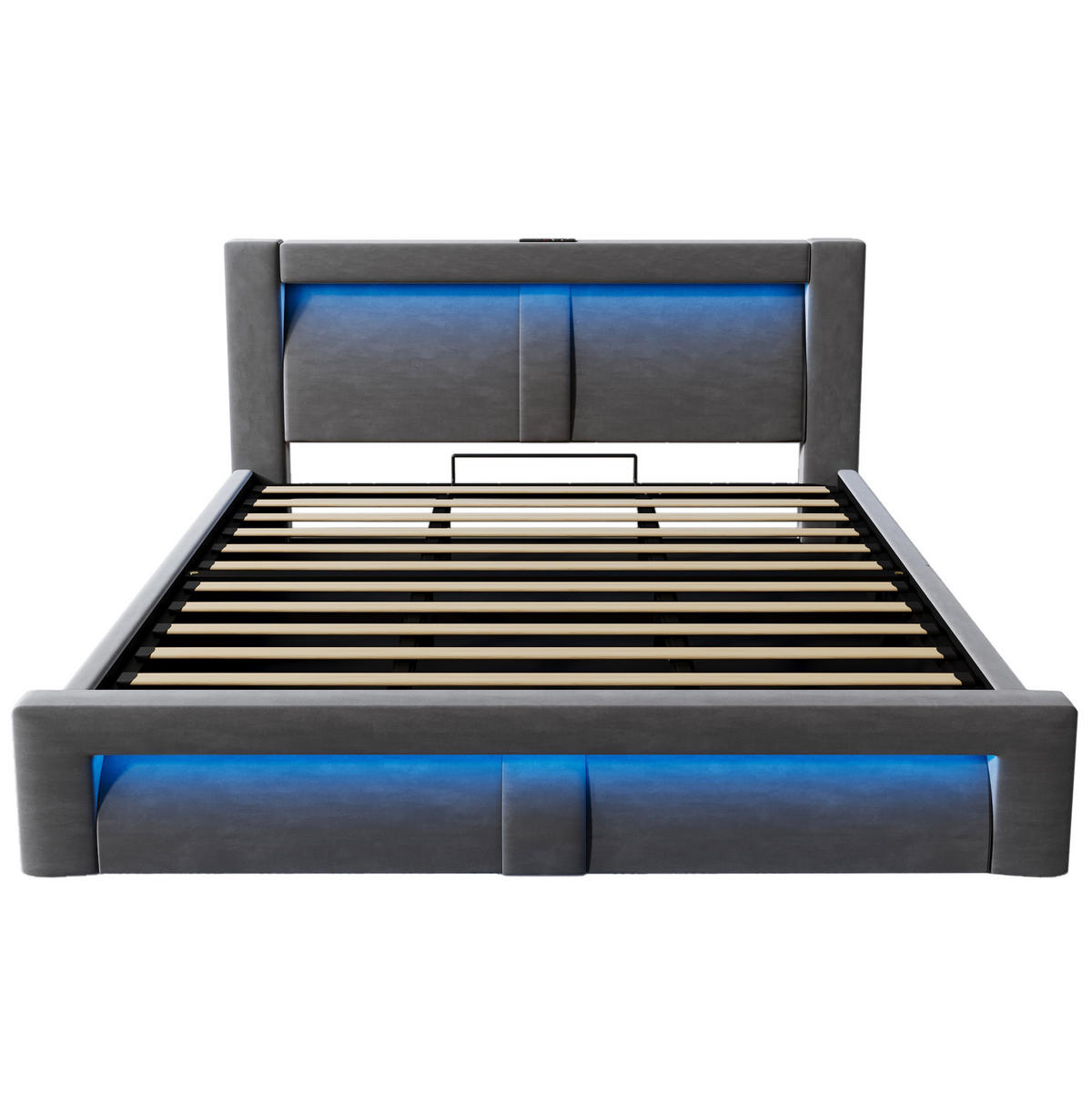 POLSTERBETT 180/200 cm Grau aus Samt mit Stauraum LED und USB-C - Grau, Textil (180/200cm) - OKWISH