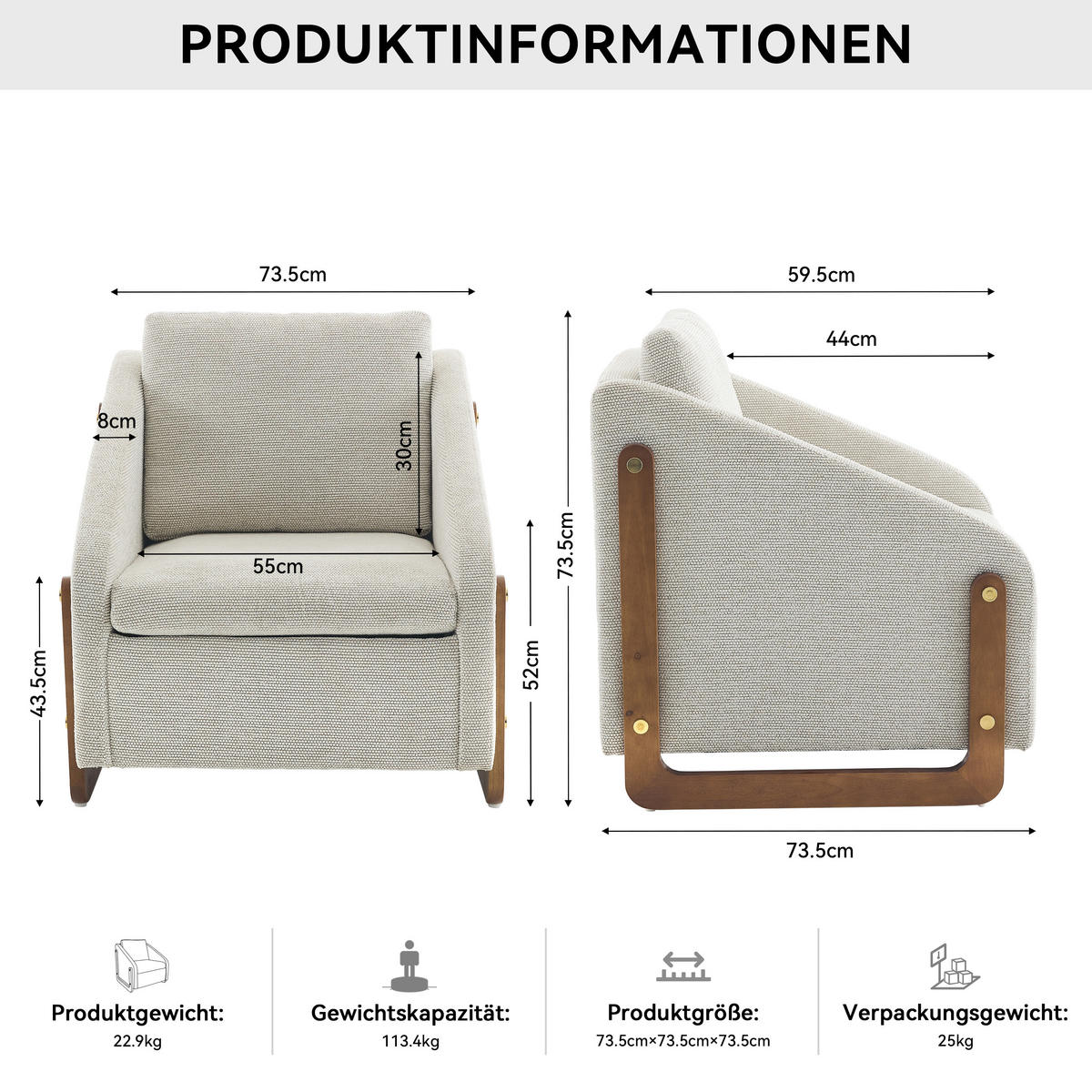 SESSEL mit Chenille-Bezug und Holzarmlehnen 73.5/73.5/73.5 cm Beige - Beige, Textil (73.5/73.5/73.5cm) - Redom