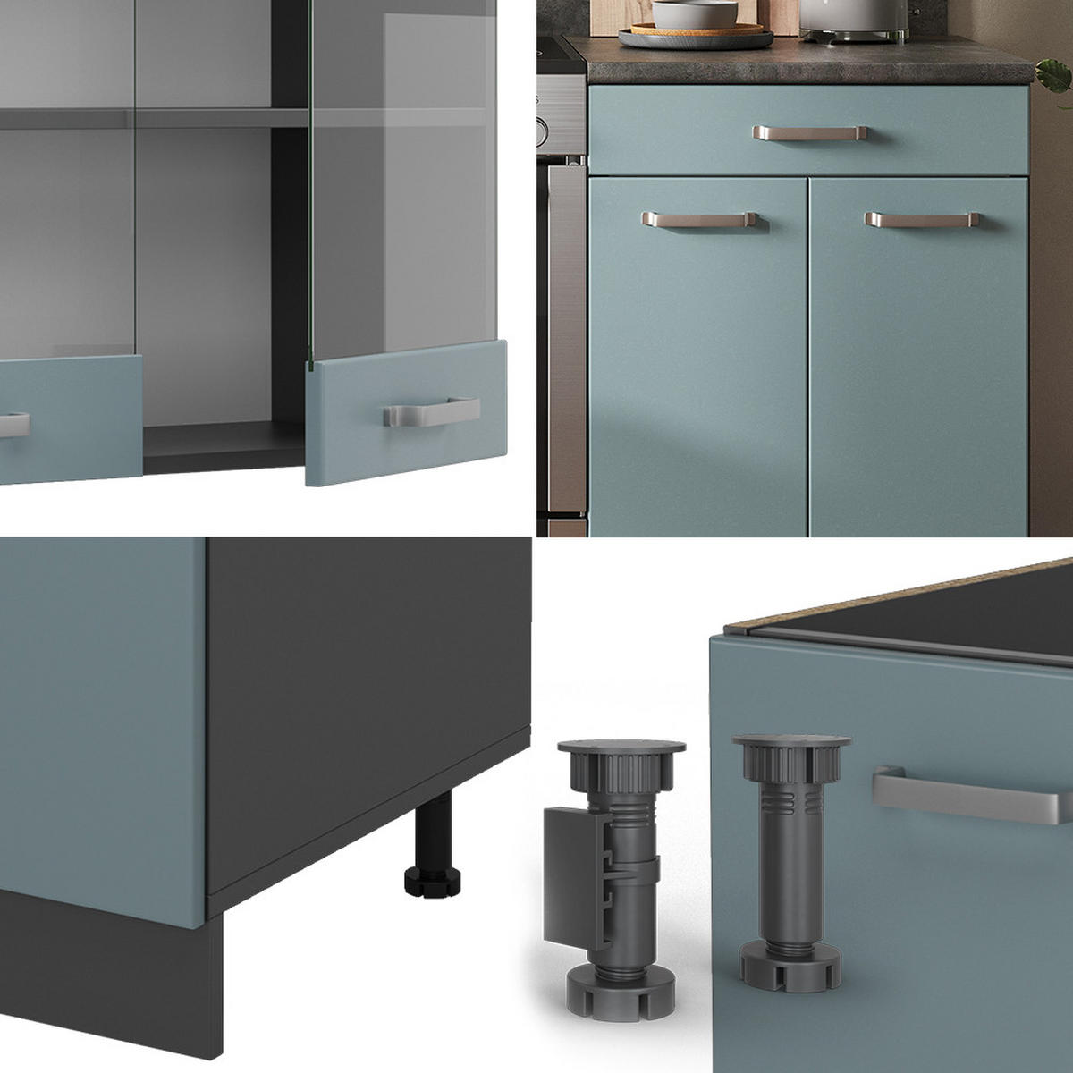 KÜCHENZEILE R-Line Blau-Grau/Anthrazit 200 cm, AP Anthrazit - Anthrazit/Blaugrau, Holzwerkstoff (200/81.6/60cm) - Vicco