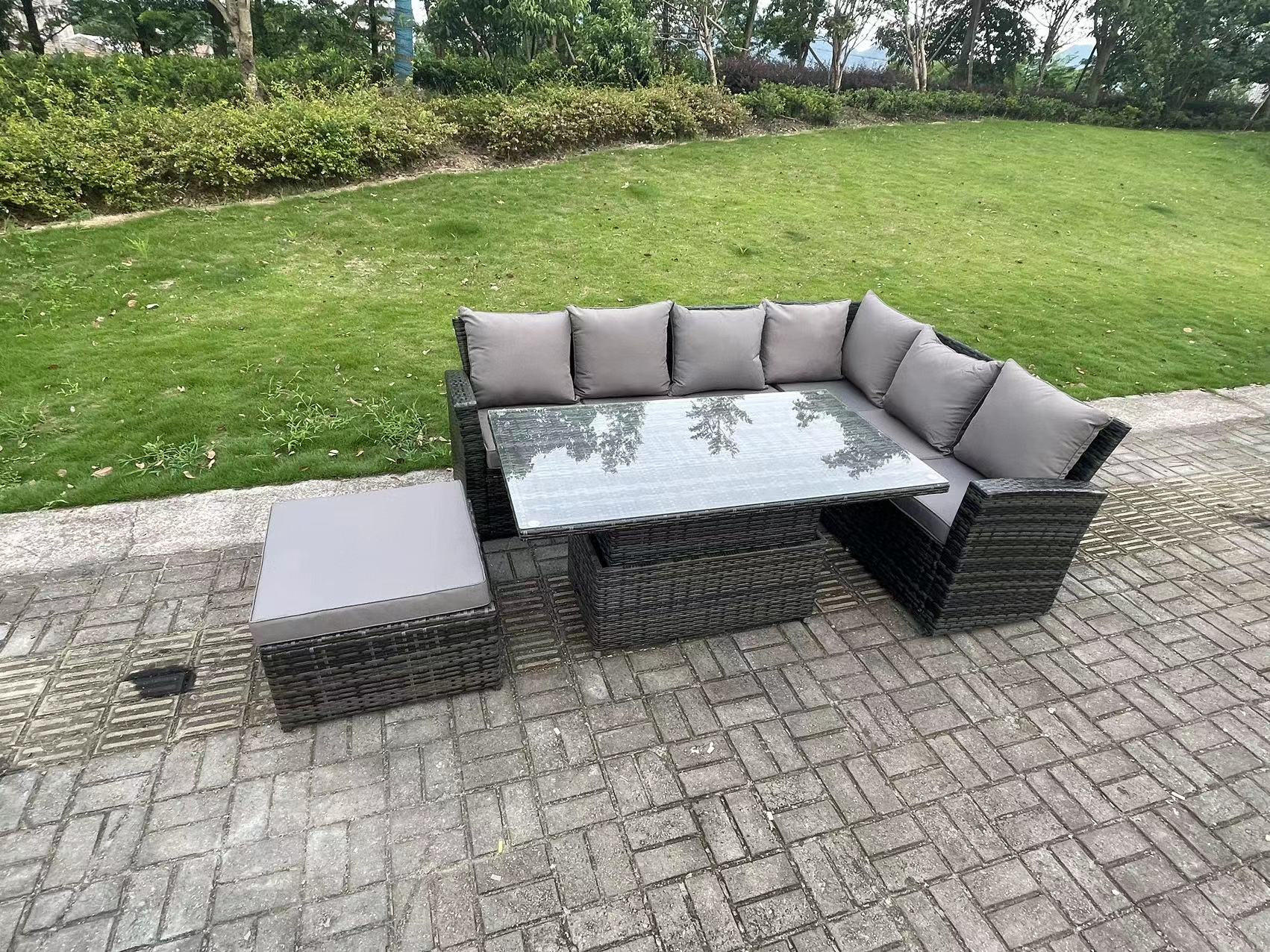 GARTENSET Polyrattan 7-Sitzer - Dunkelgrau/Grau, Glas/Kunststoff - Fimous