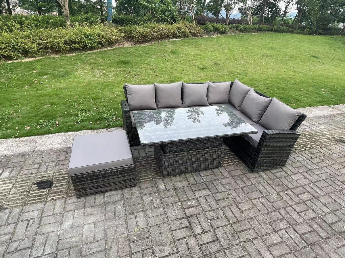 GARTENSET Polyrattan 7-Sitzer - Dunkelgrau/Grau, Glas/Kunststoff - Fimous