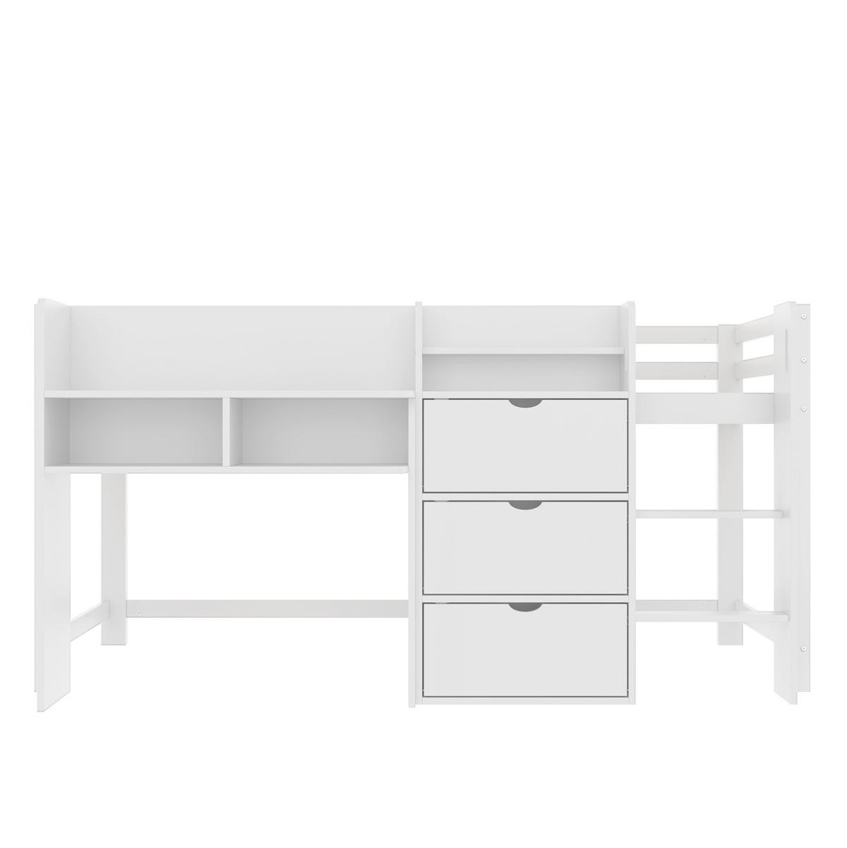 HALBHOHES BETT 90/200 cm, Weiß mit Stauraum und Regalen - Weiß, Holz (90/200cm) - MIVRAY