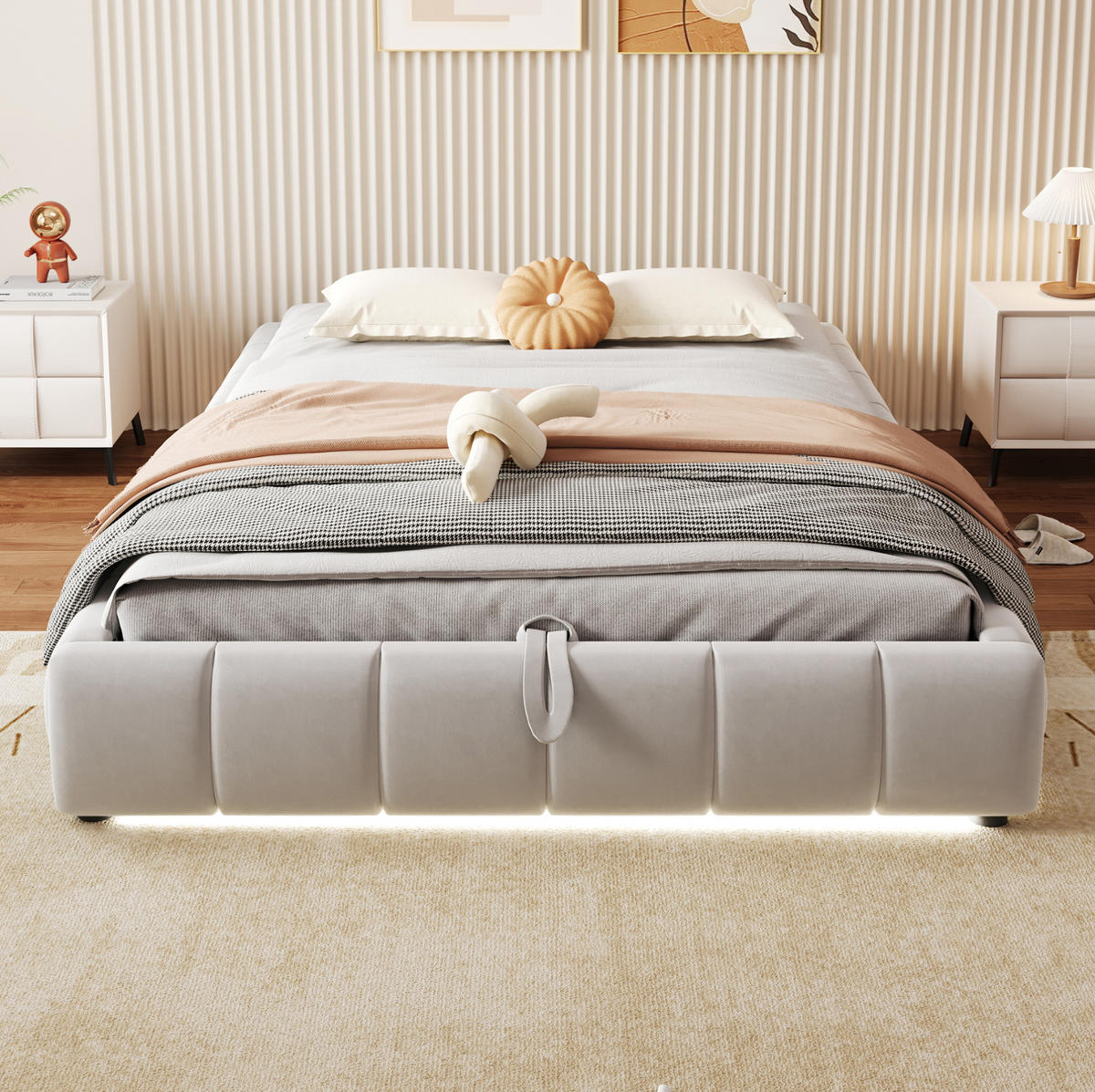 POLSTERBETT 140/200 cm Beige aus Samtstoff mit Bettkasten und LED-Lichtleiste - Beige, Textil (140/200cm) - OKMYHOME