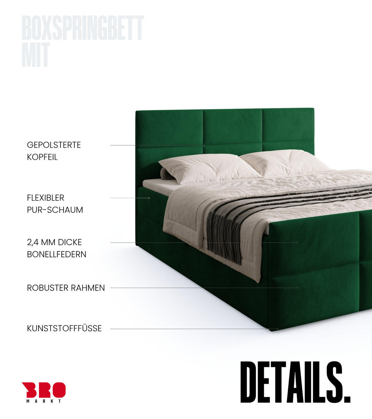BOXSPRINGBETT Boston Duo Mit Bettkasten, Topper und Matratze Dunkelgrün Kronos 19 160x200 cm - Dunkelgrün/Schwarz, Textil (160/200cm) - Bromarkt