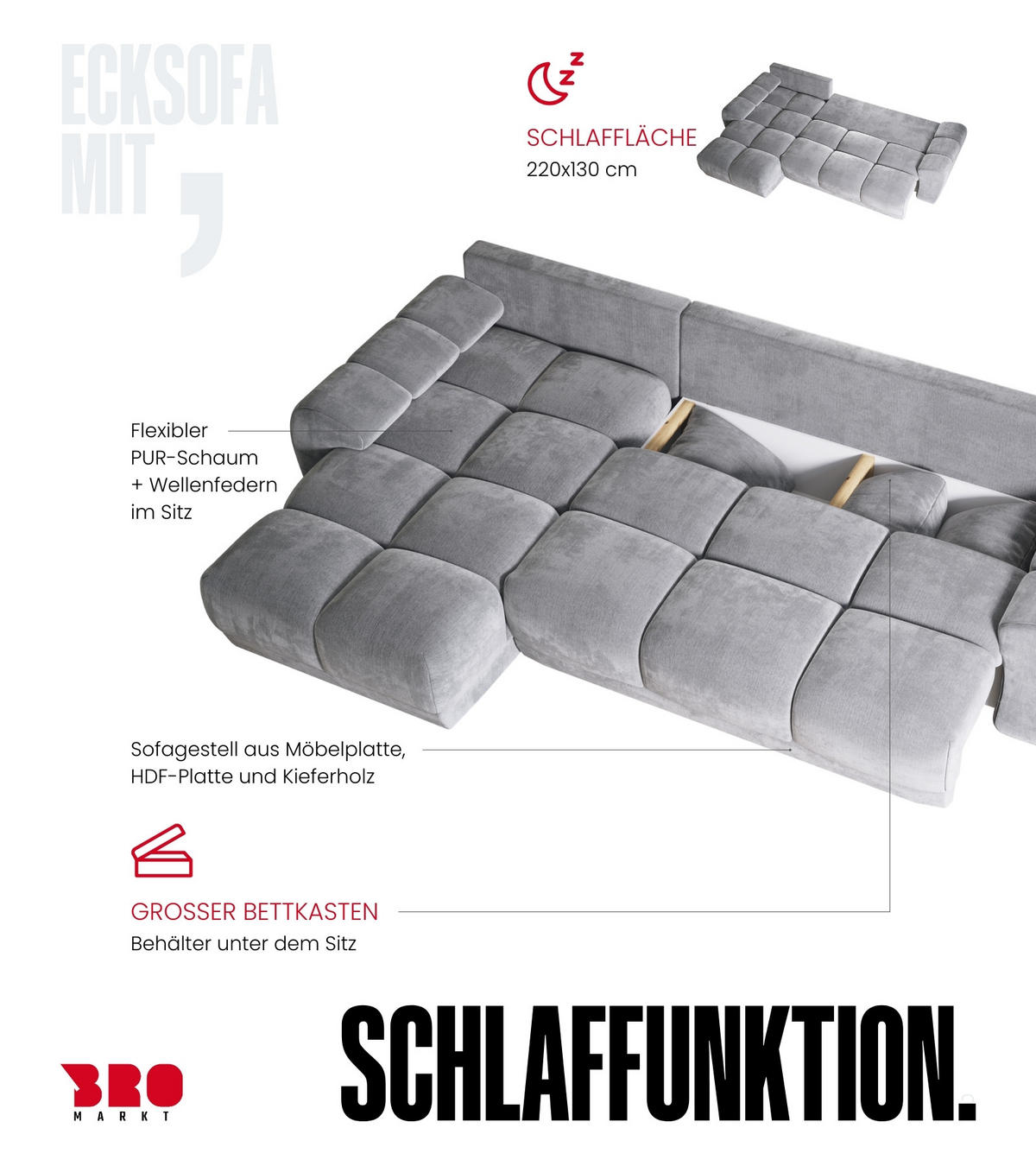 ECKSOFA Nubes mit Schlaffunktion Graphit Plüsch - Silberfarben/Graphitfarben, Kunststoff/Textil (290/180cm) - Bromarkt