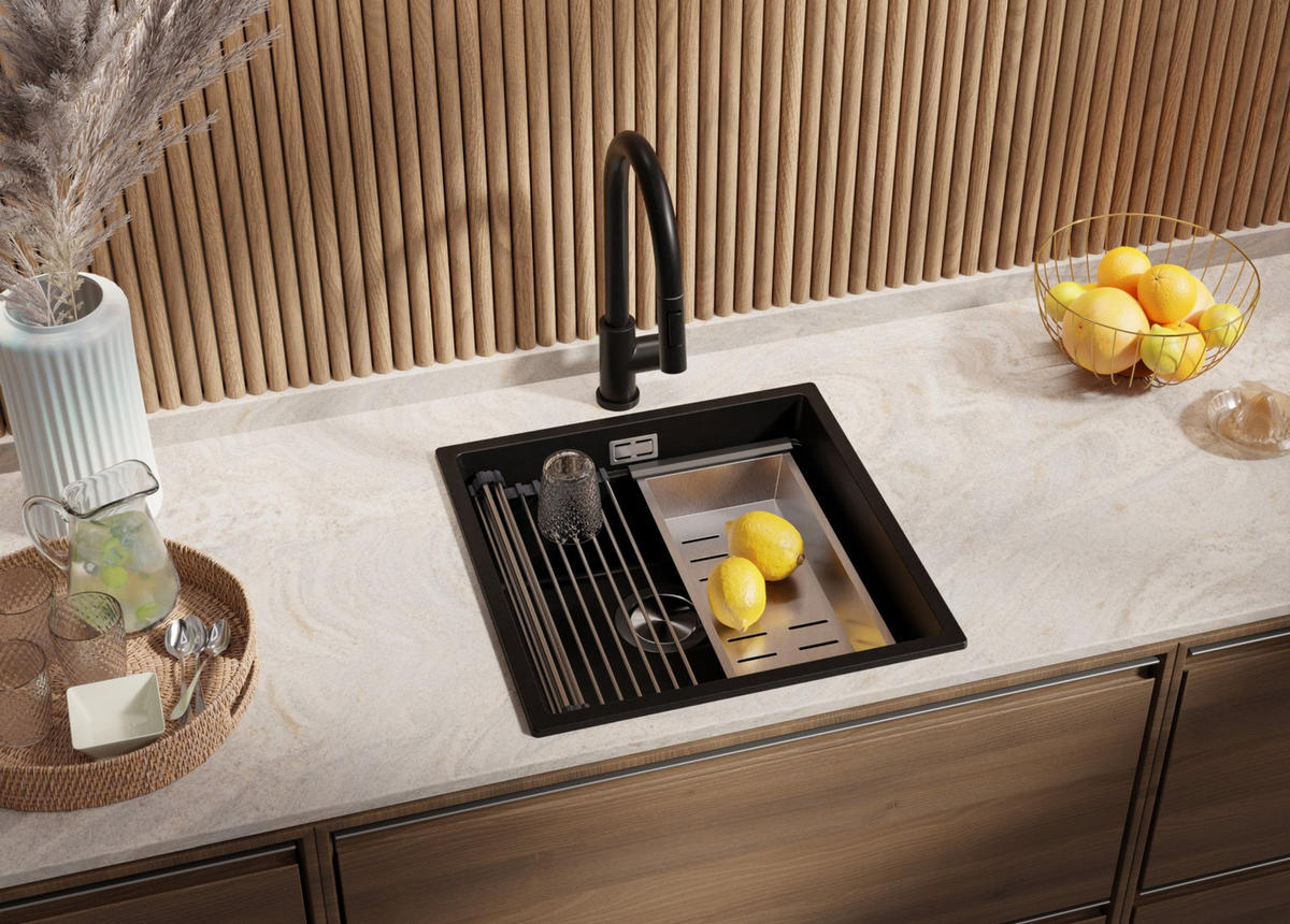 GRANITSPÜLE Praga Slim, 2-er set Schwarz 46/47 cm 1 Becken + Küchenarmatur 32/20 cm + Ablauf-Set + Aufrollbare Abtropffläche ab 50er Unterschrank - Chromfarben/Schwarz, Kunststoff (46/20/47cm) - Primagran