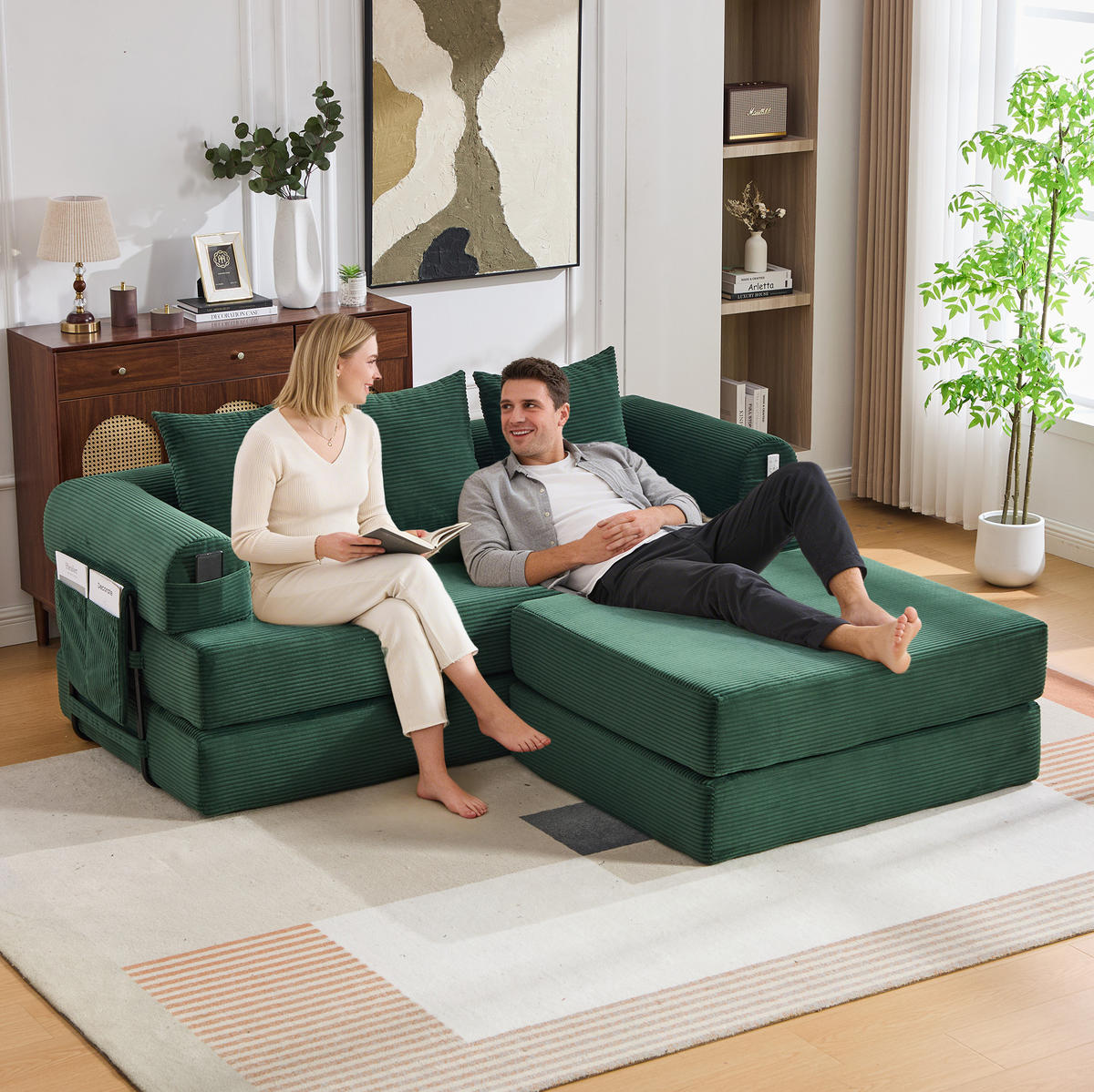 MODULARES Sofa 200/190/67 cm aus Cord mit Hocker und Seitentasche Smaragdgrün - Smaragdgrün, Textil (190/67/200cm) - Modenvie