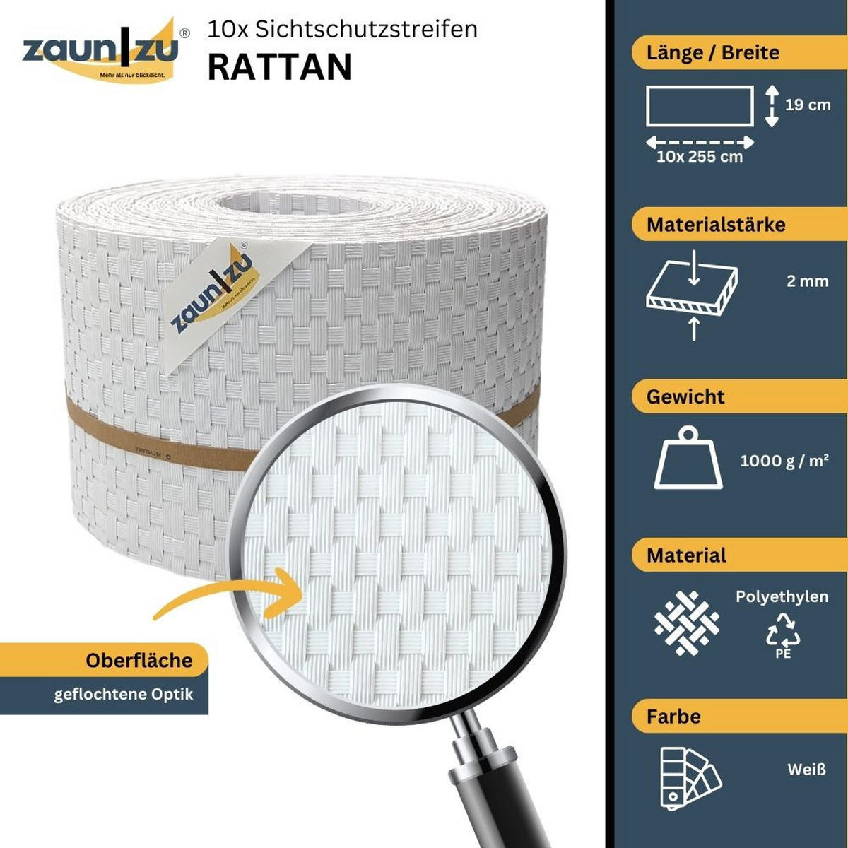 SICHTSCHUTZSTREIFEN Rattan für Doppelstabmatten UV-beständig Weiß 10x 2,55m - Weiß, Kunststoff (2550/19cm) - ZAUN|ZU