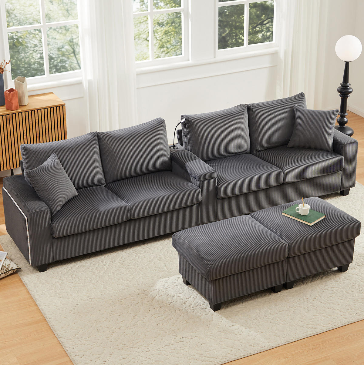 SOFA in U-Form mit 2 Hockern Grau Cord 334 cm - Grau, Holz (128.5/81/334cm) - Meubliv