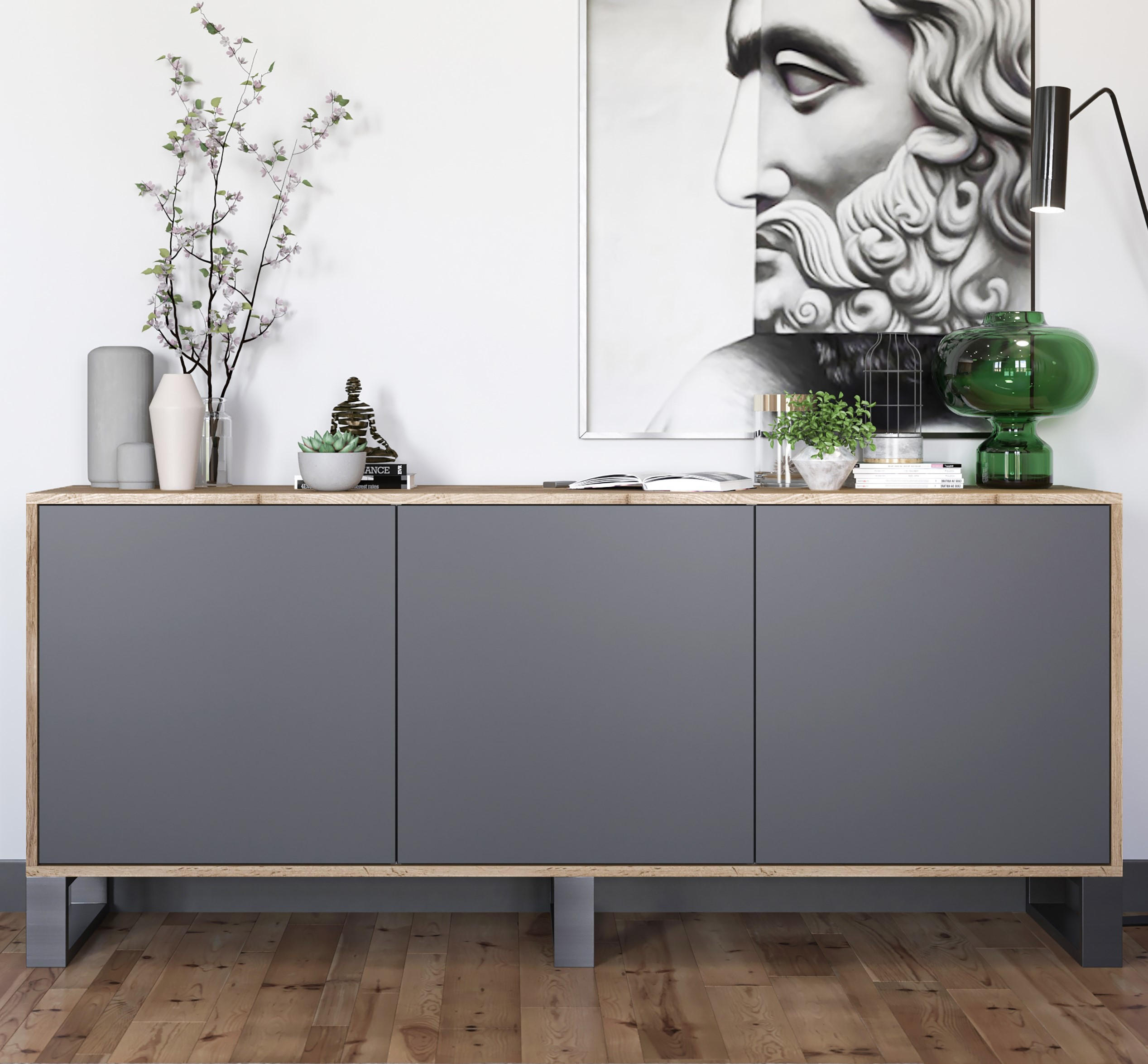 KOMMODE Apollo 3D Eiche wotan Graphit Matt 168/72/35 cm - Graphitfarben/Schwarz, Holzwerkstoff/Metall (168/72/35cm) - Meble Lindner