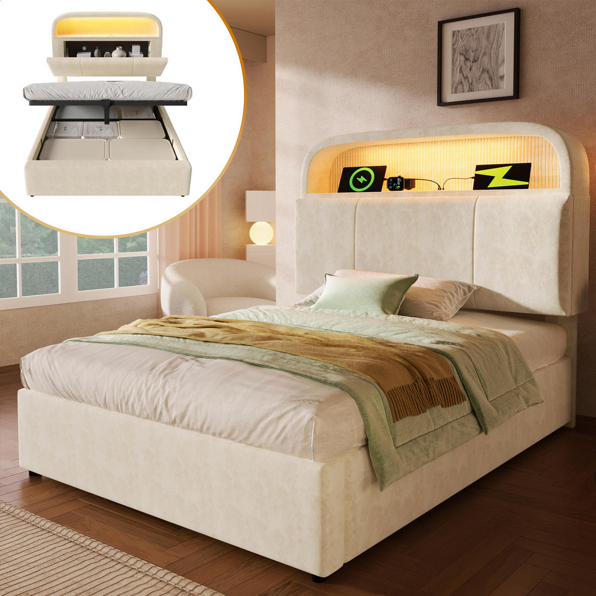 POLSTERBETT 90/200 cm mit hydraulischem Bettkasten, LED & USB/Type-C, Samt Beige - Beige, Textil (90/200cm) - Redom