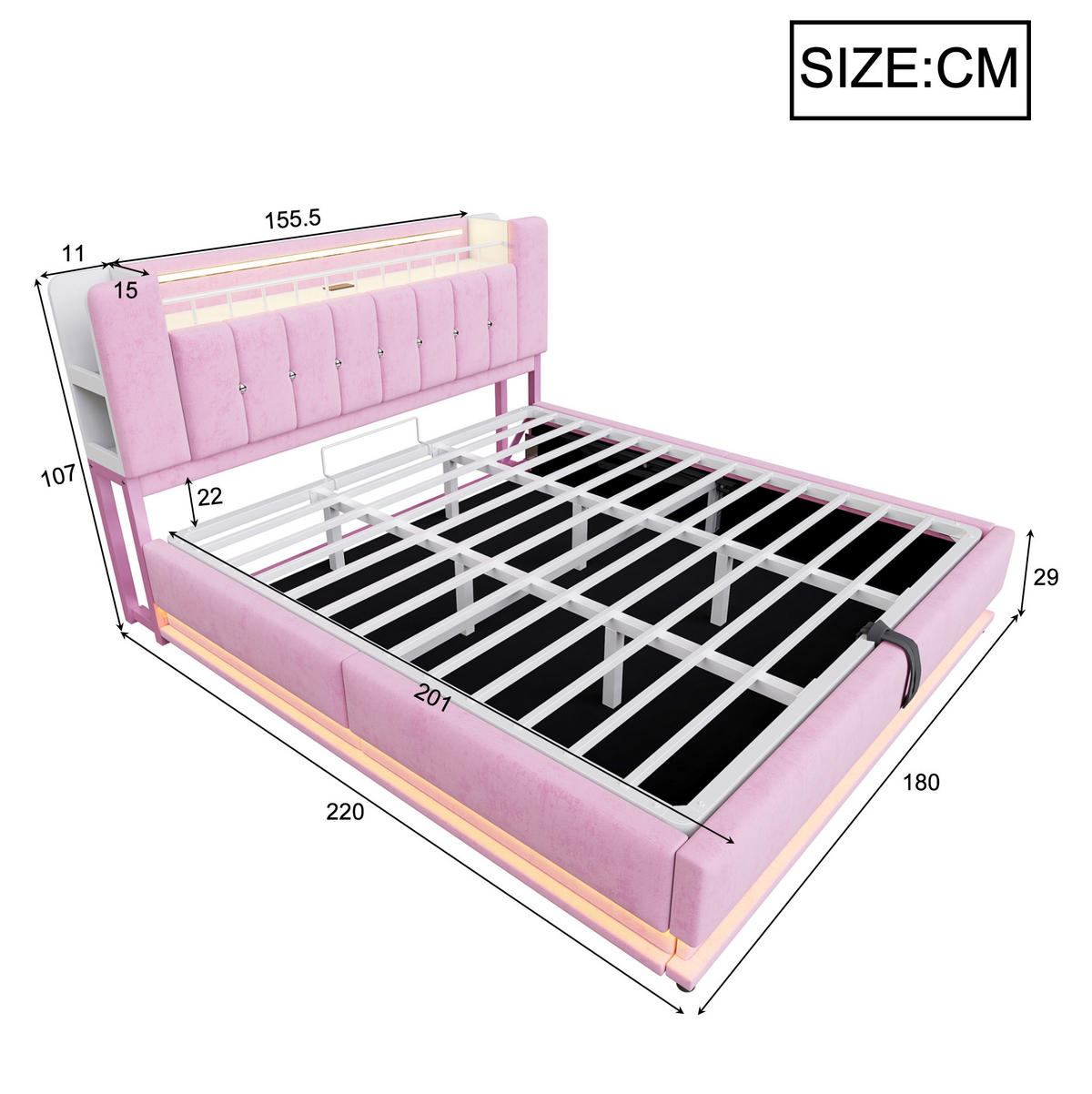 POLSTERBETT mit LED und Stauraum 180x200 cm Samt Rosa - Pink, Metall (180/200cm) - Meubliv