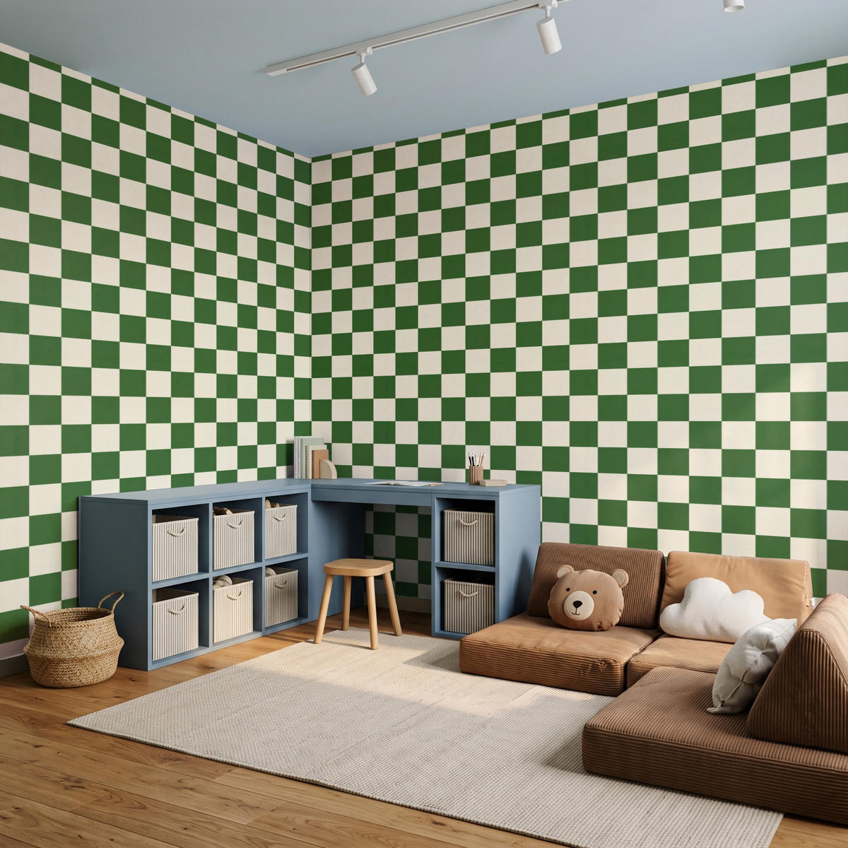 KINDERTAPETE - Schachbrett - Muster - Grün - 450x280 cm - Grün, Papier (450/280cm) - OnlyWow