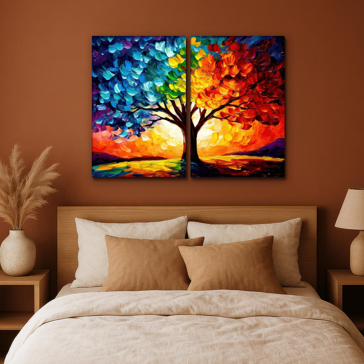 LEINWANDBILD 2er Set Baum - Farbenfroh - Malerei-Look - Abstrakt 120x90 cm - Multicolor, Textil (120/90cm) - MuchoWow