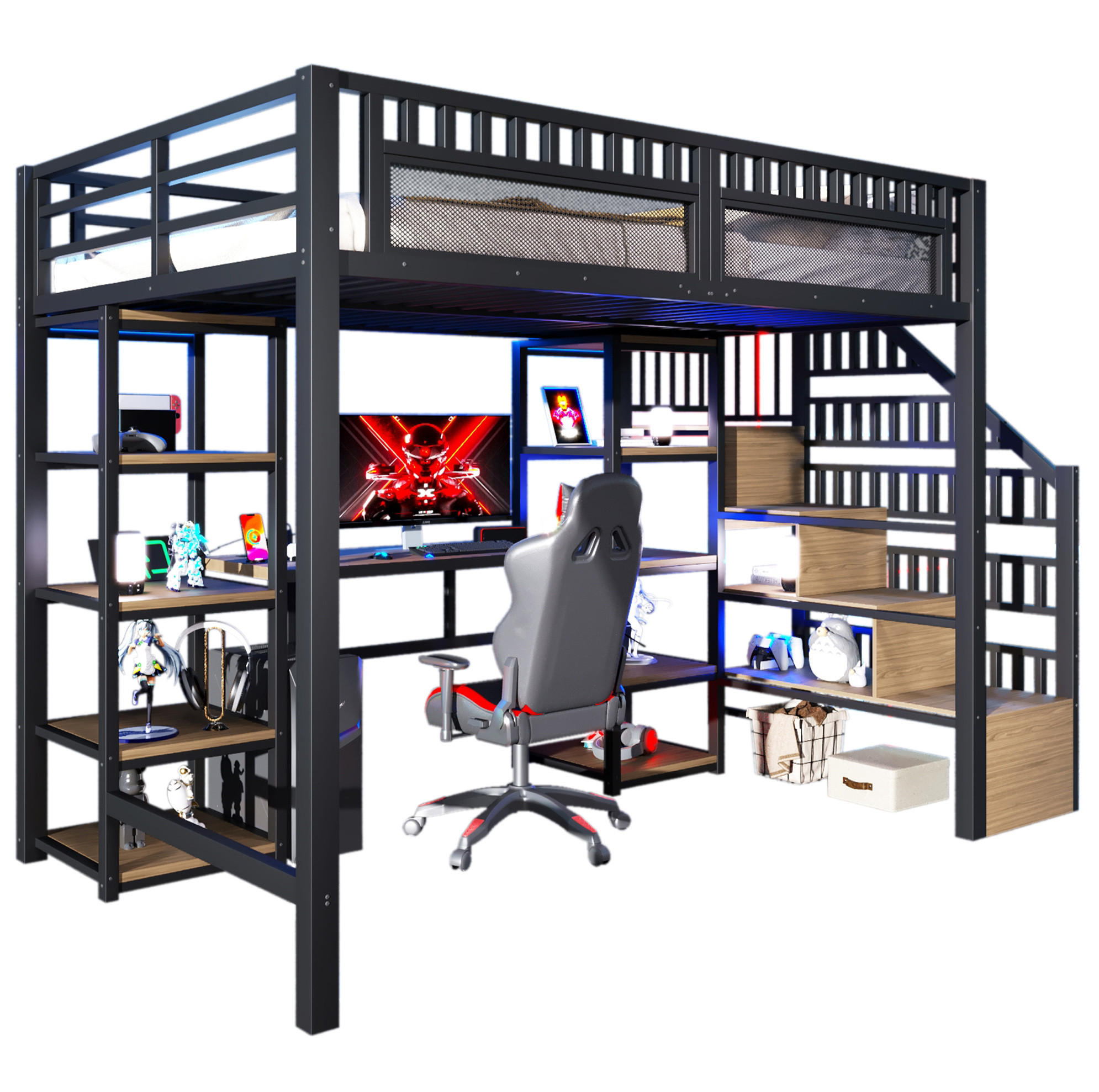 HOCHBETT 140/200 cm aus Metall mit Schreibtisch, Stauraumleiter und LED-Lichtleiste Schwarz - Schwarz, Metall (140/200cm) - Modenvie