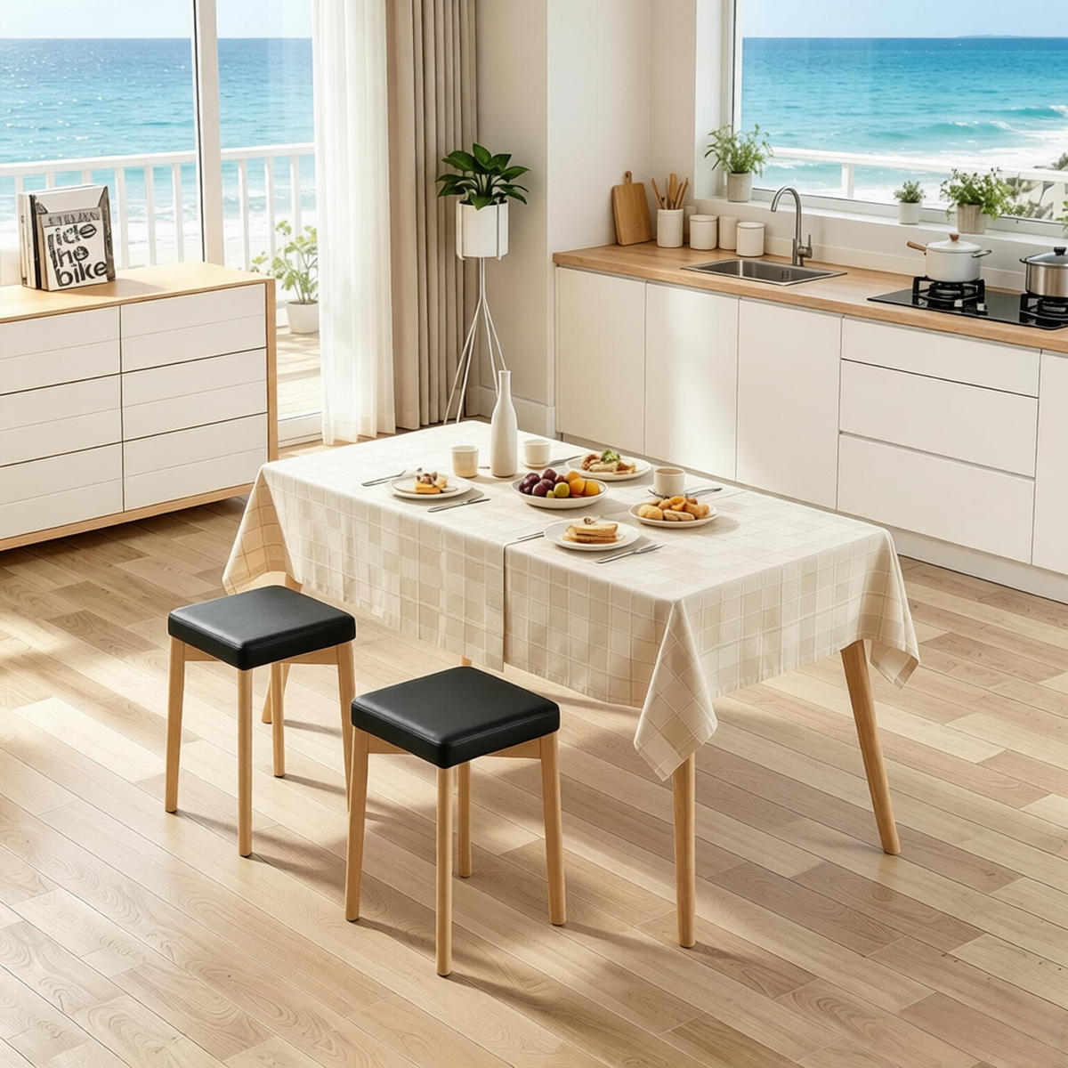 STAPELHOCKER DE-36174 2er Set mit Buchenholz und PU-Sitz Schwarz - Schwarz, Holz (32.5/47/32.5cm) - ComfortXL