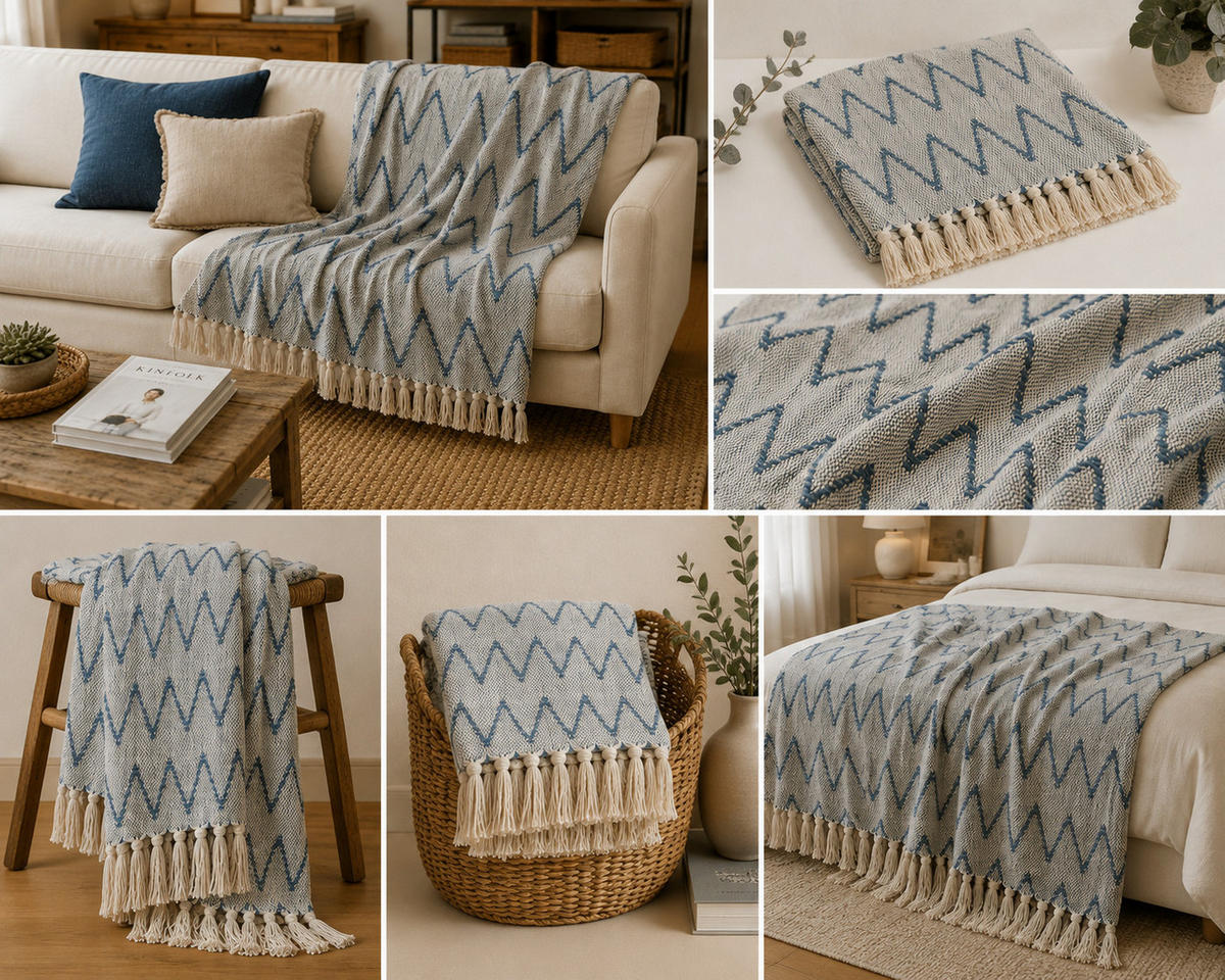 DECKE Zickzack 130x180 cm, 100% Baumwolle, Weiß/Staubblau - Blau, Textil (130/180cm) - Au Maison
