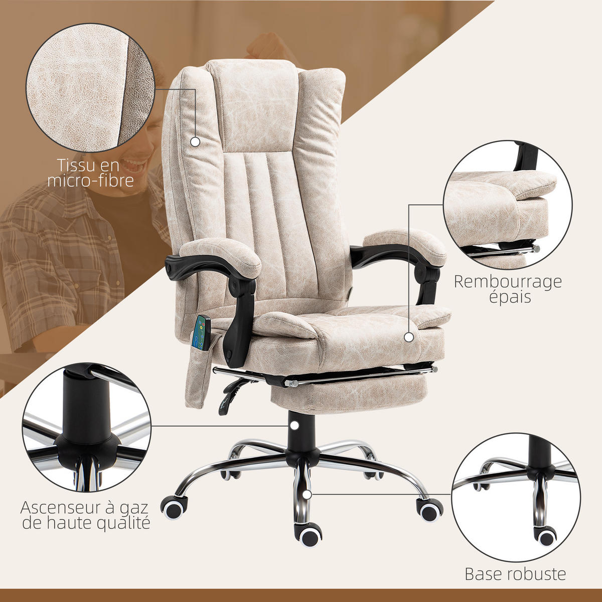 CHEFSESSEL DE-11807 Massage & Heizung Creme - Creme, Metall (70/120/62cm) - ComfortXL