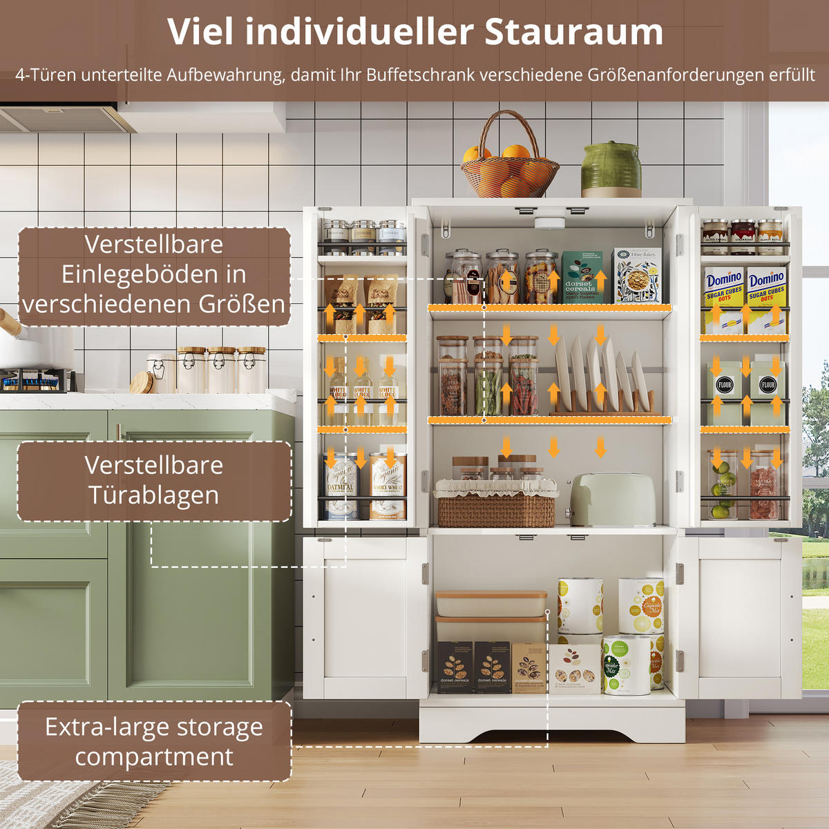 KÜCHENBUFFET mit LED-Beleuchtung und verstellbaren Einlegeböden, 60 x 40 x 120 cm, Weiß, MDF - Weiß, Holzwerkstoff (60/120/40cm) - SONNENH