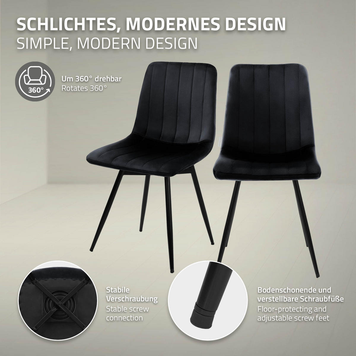 ESSZIMMERSTÜHLE 2er Set drehbar Küchenstühle gepolstert aus Samt Schwarz - Schwarz, Textil/Metall (43/81/52cm) - ML-DESIGN