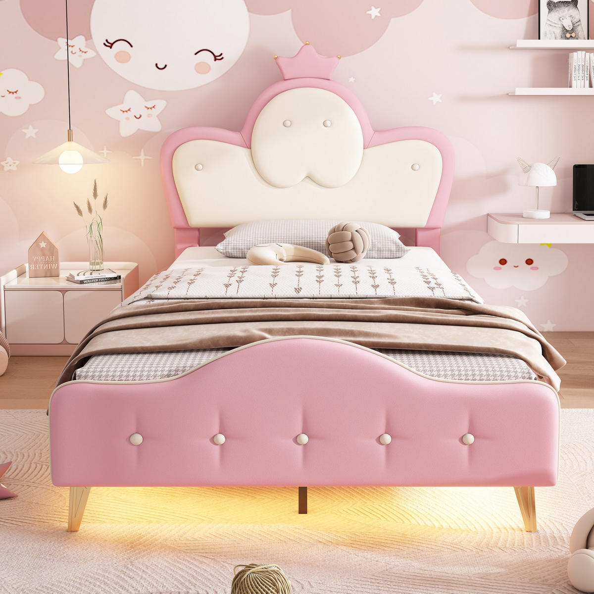 POLSTERBETT 90x200 cm mit LED, Lattenrost, PU, Rosa - Rosa, Holz (90/200cm)