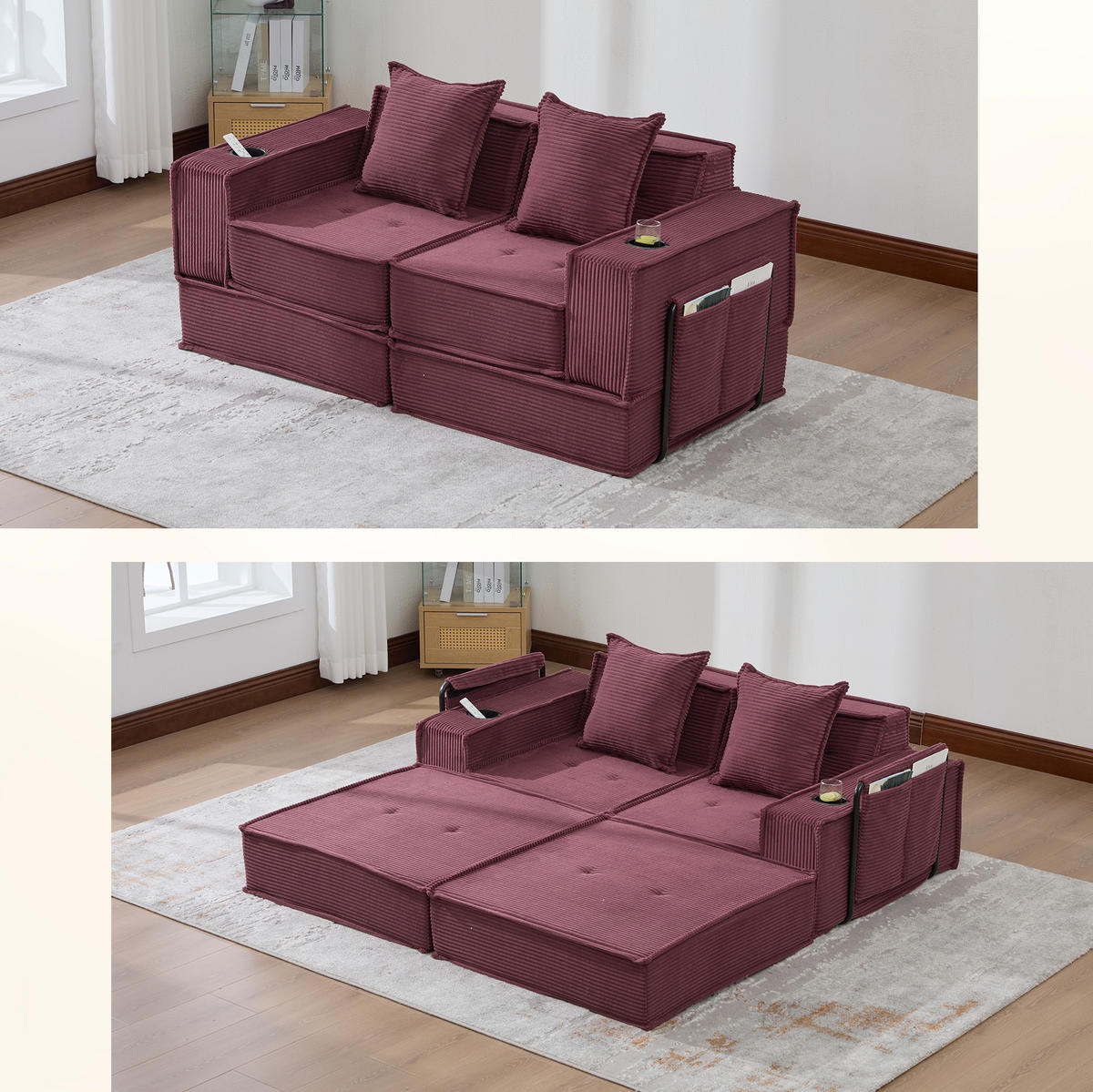 SOFA modular mit Seitentaschen 162 x 78 x 66 cm Cord Weinrot - Rot, Kunststoff (78/66/162cm) - Meubliv