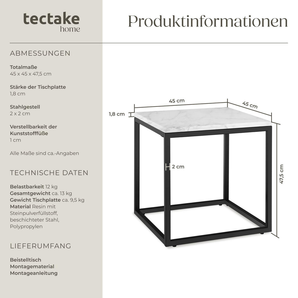 MARMOR-BEISTELLTISCH Alysia, mit höhenverstellbaren Kunststofffüßen, schwarz/weiß - Schwarz/Weiß, Kunststoff (45/45/47.5cm) - tectake