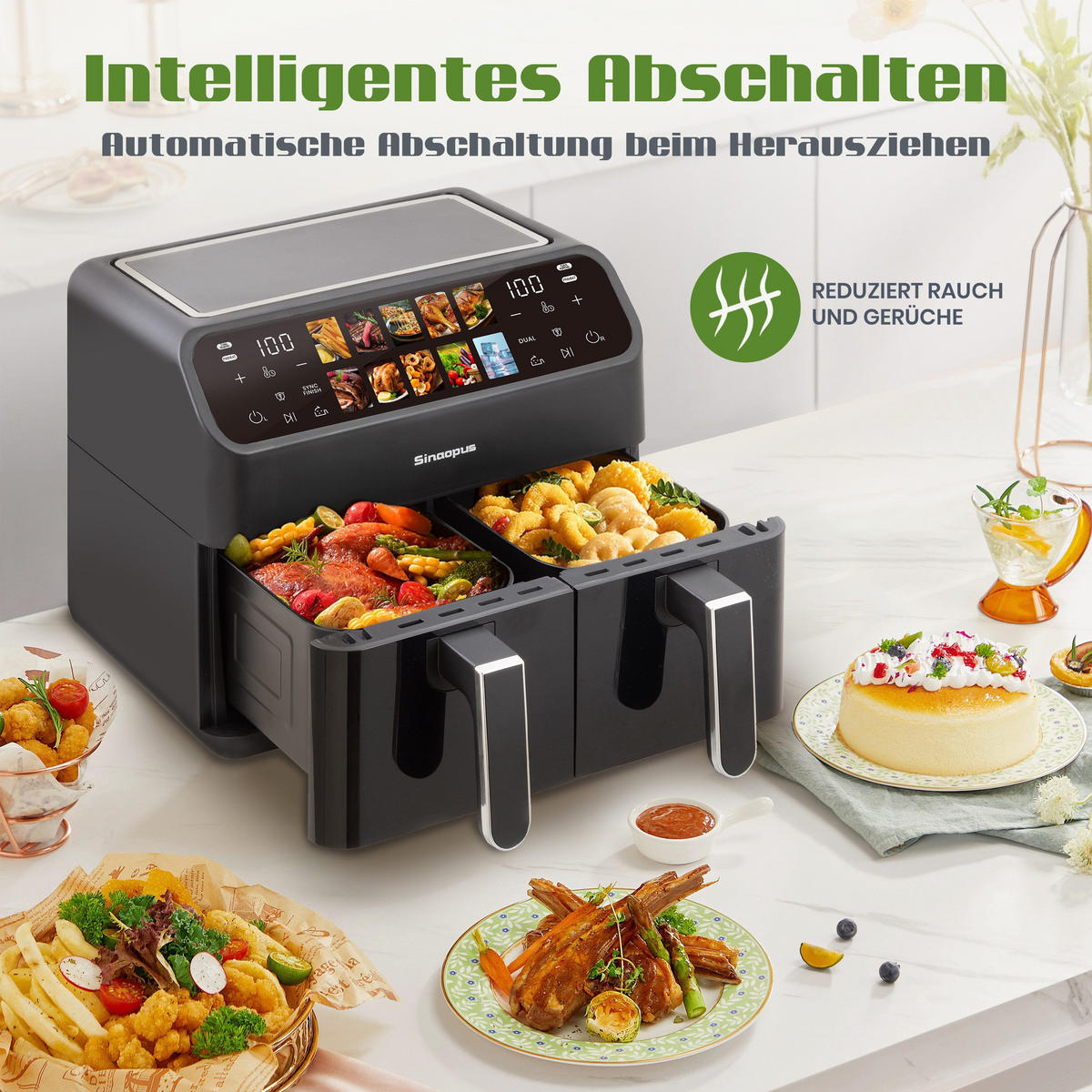 HEISSLUFTFRITTEUSE 9L 10-in-1 & Dual-Kammer, LED-Display - Schwarz, Metall (36/31/32cm)