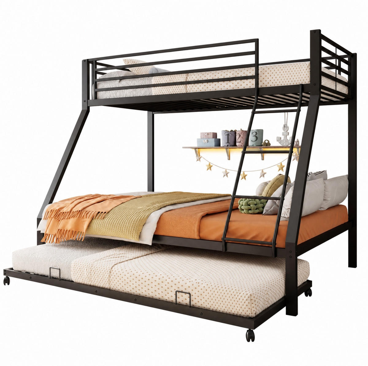 ETAGENBETT aus Metall 90/140x200 cm Schwarz mit Ausziehbett, hohe Belastbarkeit und 3 Schlafplätze - Schwarz, Metall (140/200cm) - Modfu